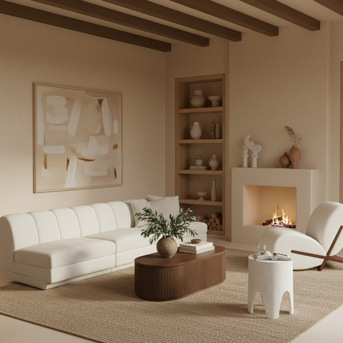 Modari Cream Fabric Upholstered 3 Piece Modular Sofa