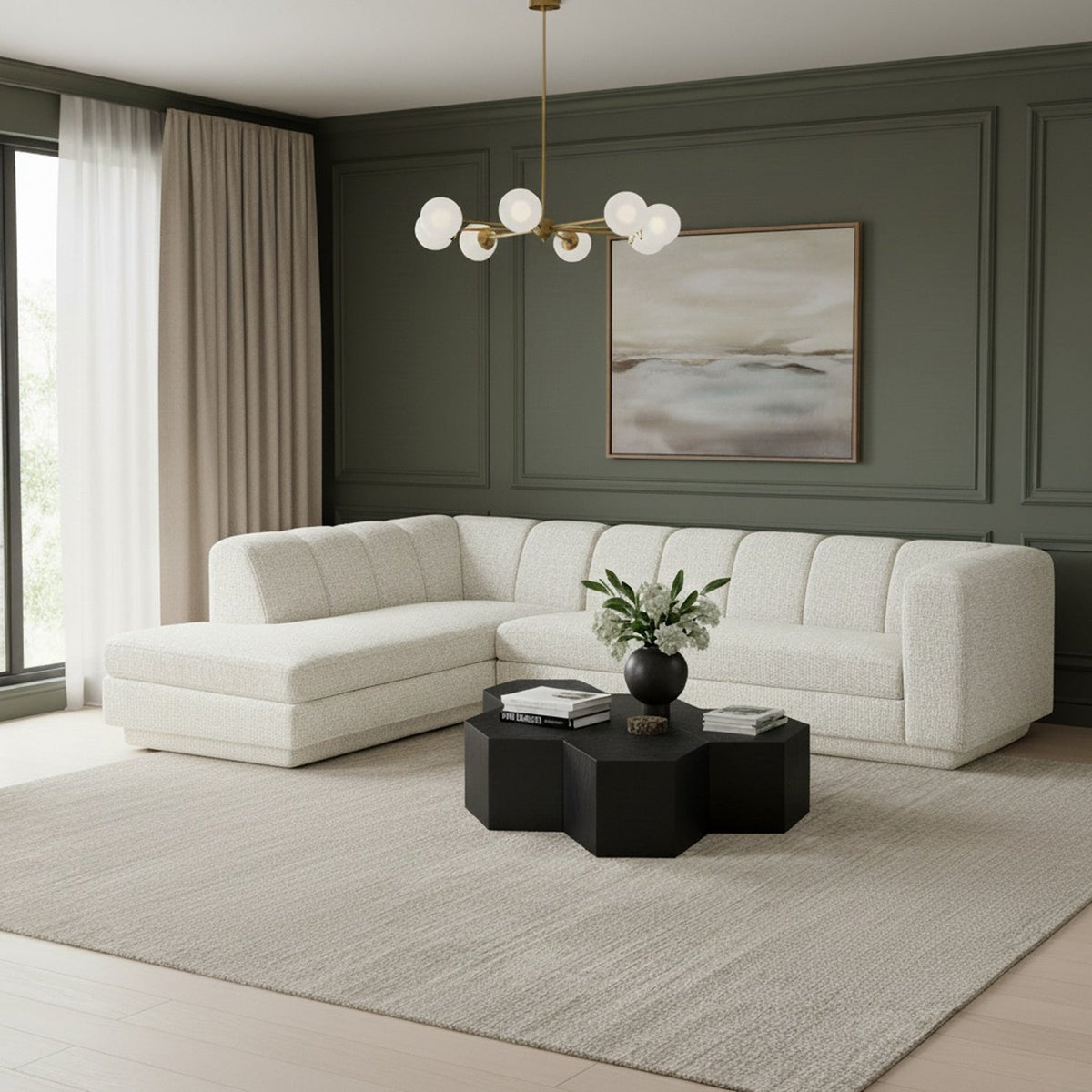 Modari Cream Fabric Upholstered 2 Piece Modular Sectional Sofa