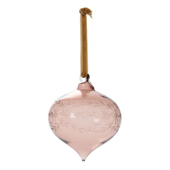 Etched Bauble Ornament, set of 6 smoke glass ornament, three-quarter angle
