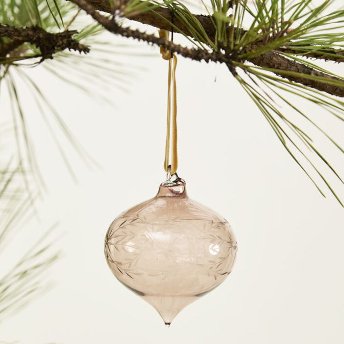 Etched Bauble Ornament, set of 6 smoke glass ornament, front view