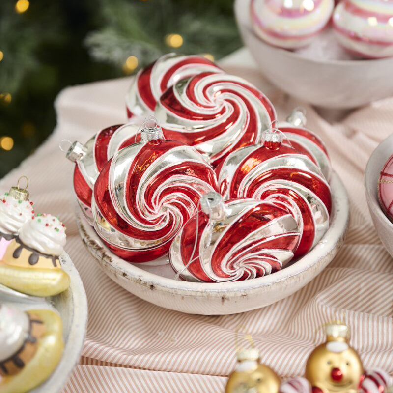 Peppermint Swirl Ornament, set of 6 red glass ornament, top-down view