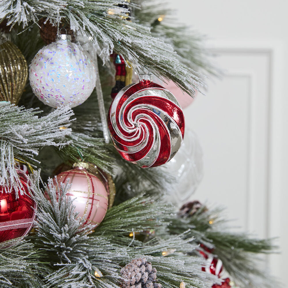 Peppermint Swirl Ornament, set of 6 red glass ornament, shown to scale