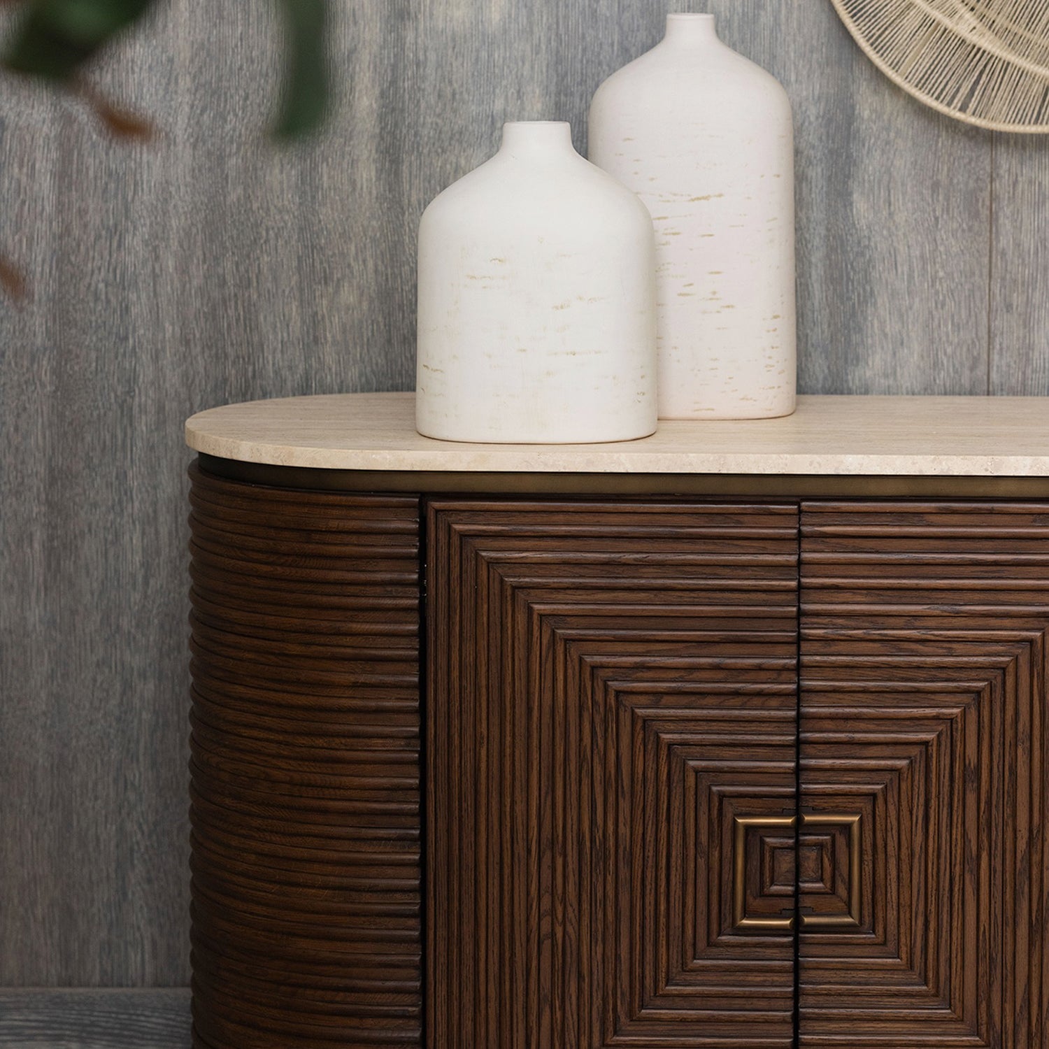 Detail of the Marina Classic Walnut Credenza highlighting the oak construction