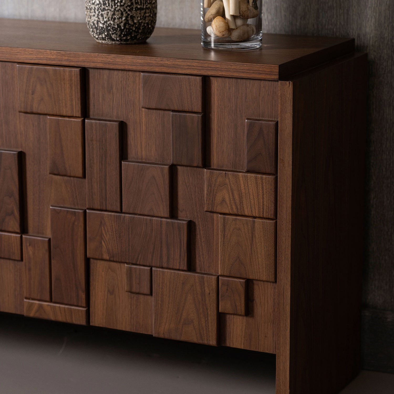 Louise Classic Walnut Credenza styled in a room to show its credenza scale and proportions