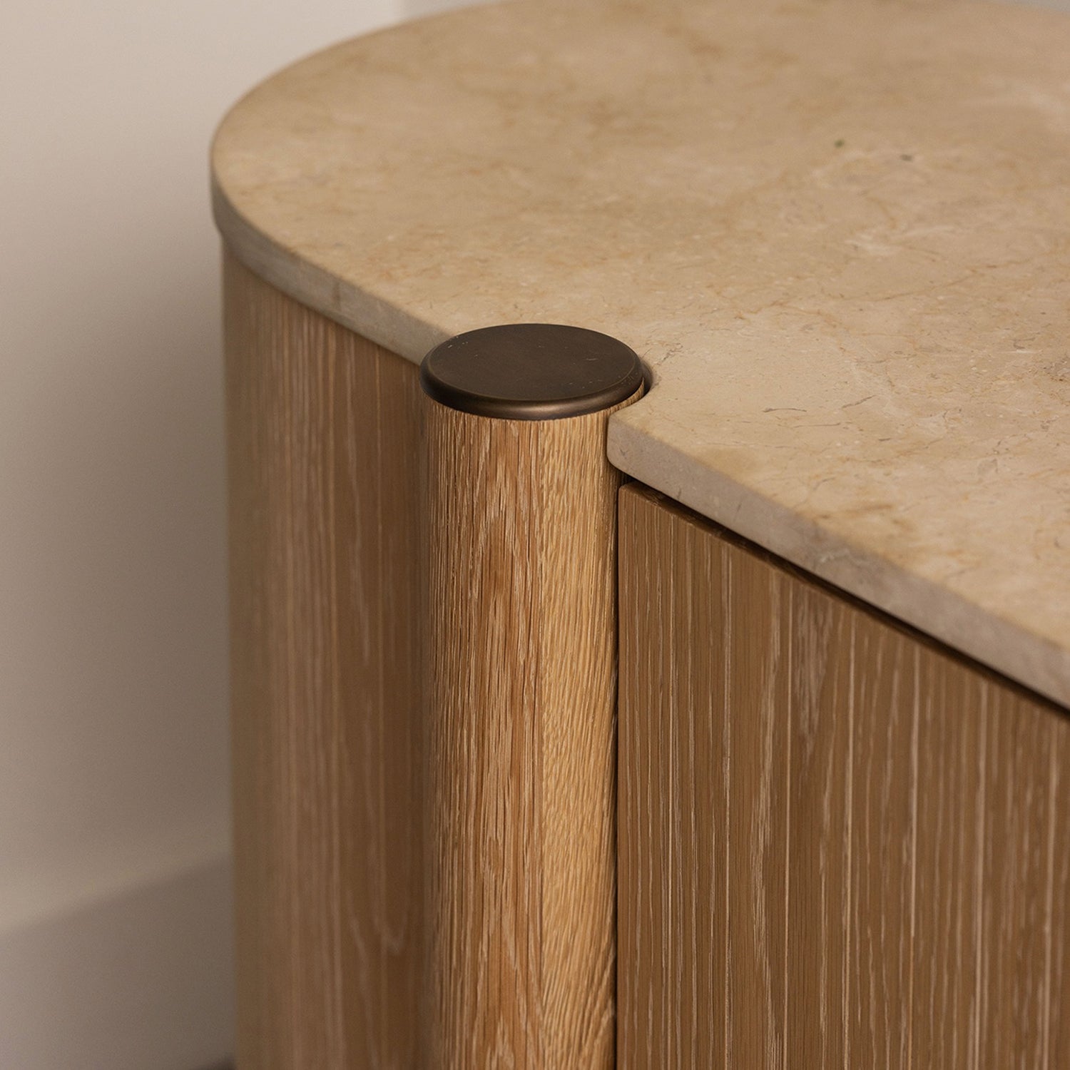 Detail of the Thorne Saddle Credenza highlighting the oak construction