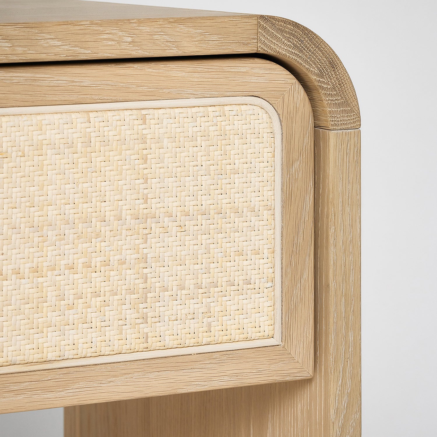 Marsh Tall Bedside Chest in oak saddle finish, detail of the frame