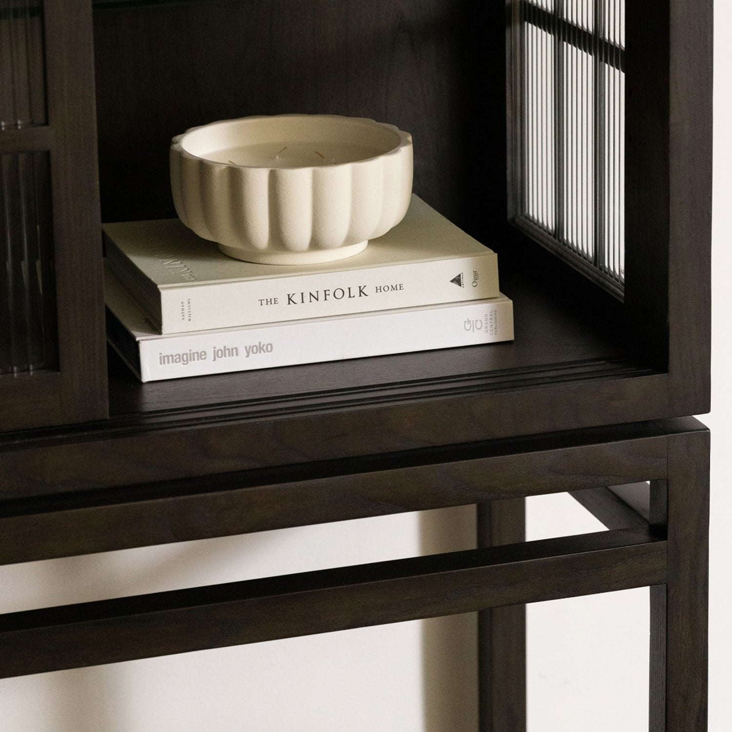Overhead view of the Hadley Cinder Cabinet showing its Oak surface