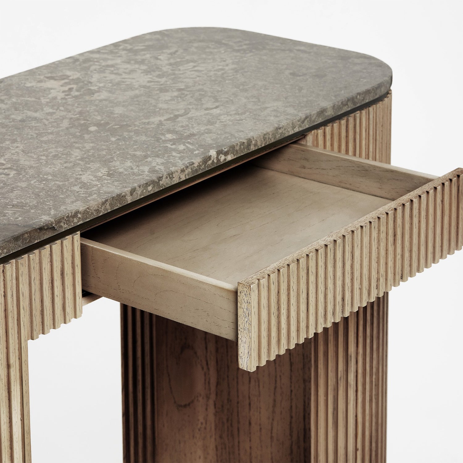 Morrison Washed Taupe Vanity in mindi Washed Taupe finish, detail of the frame