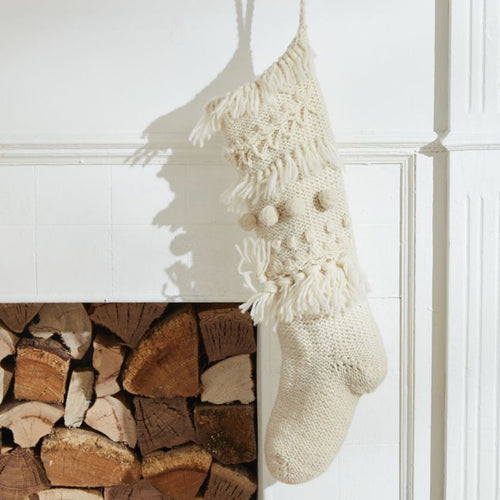 Hand Knit Pom Pom Christmas Stocking