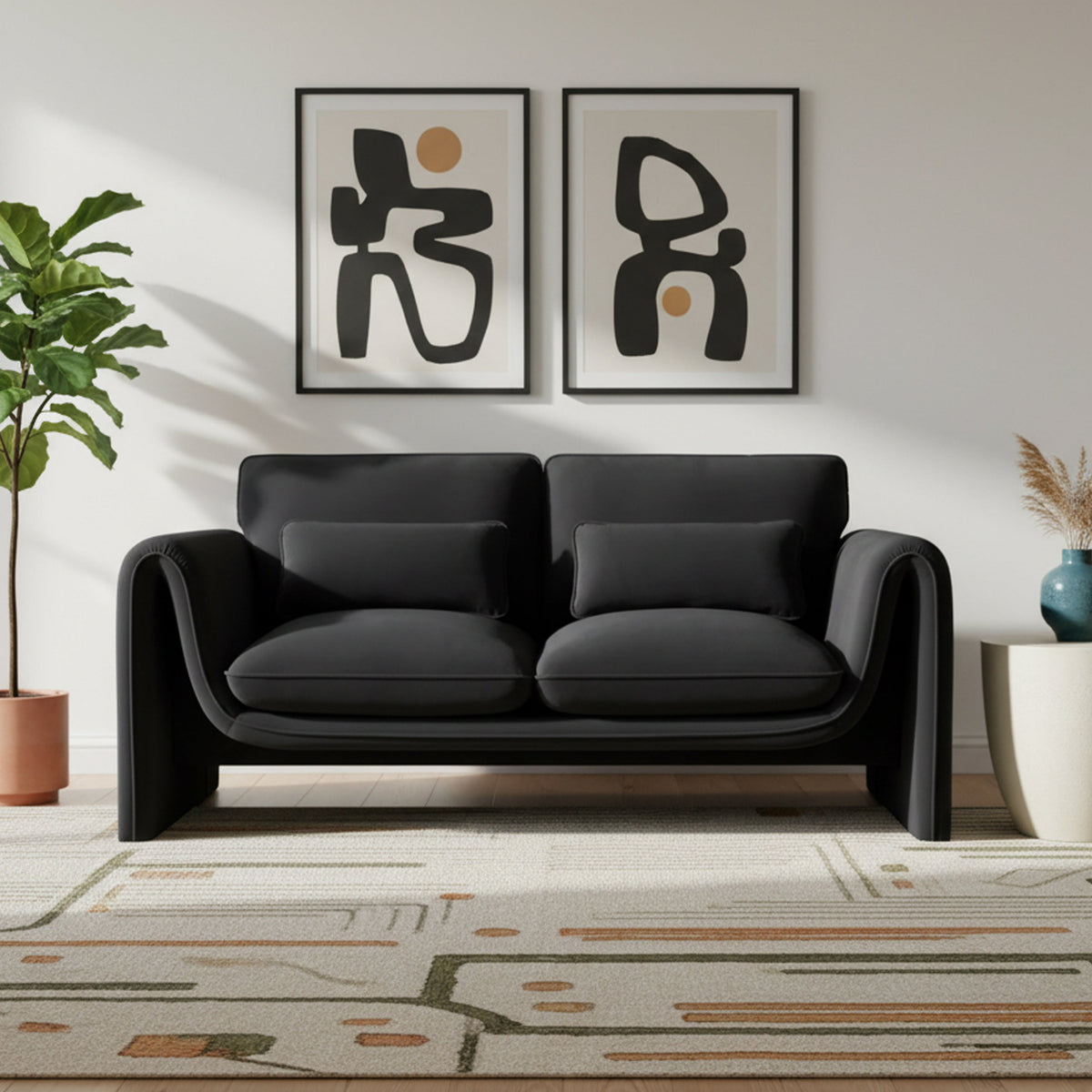 Sloan 6 4in Black Velvet Upholstered Loveseat
