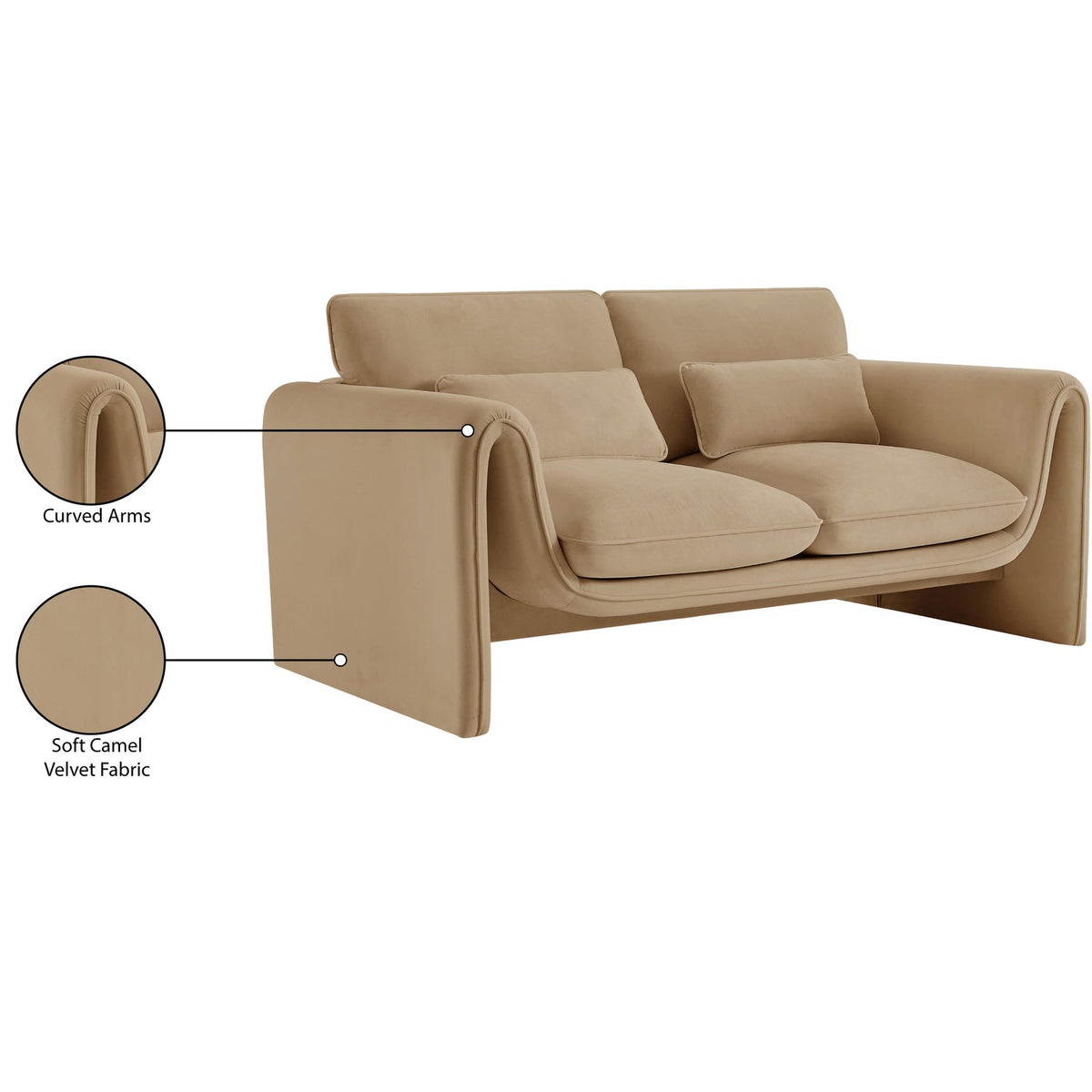 Sloan 6 4in Camel Velvet Upholstered Loveseat