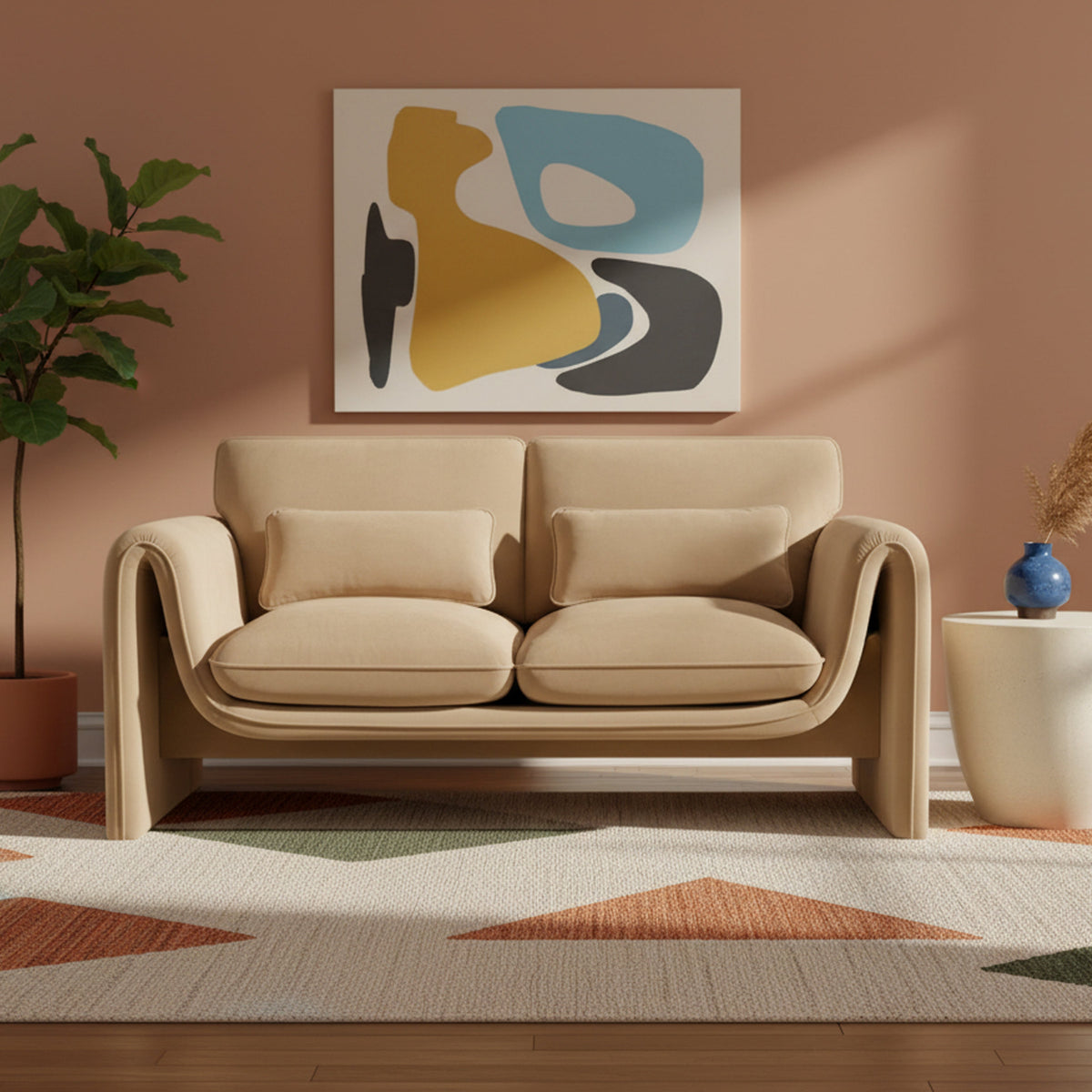 Sloan 6 4in Camel Velvet Upholstered Loveseat
