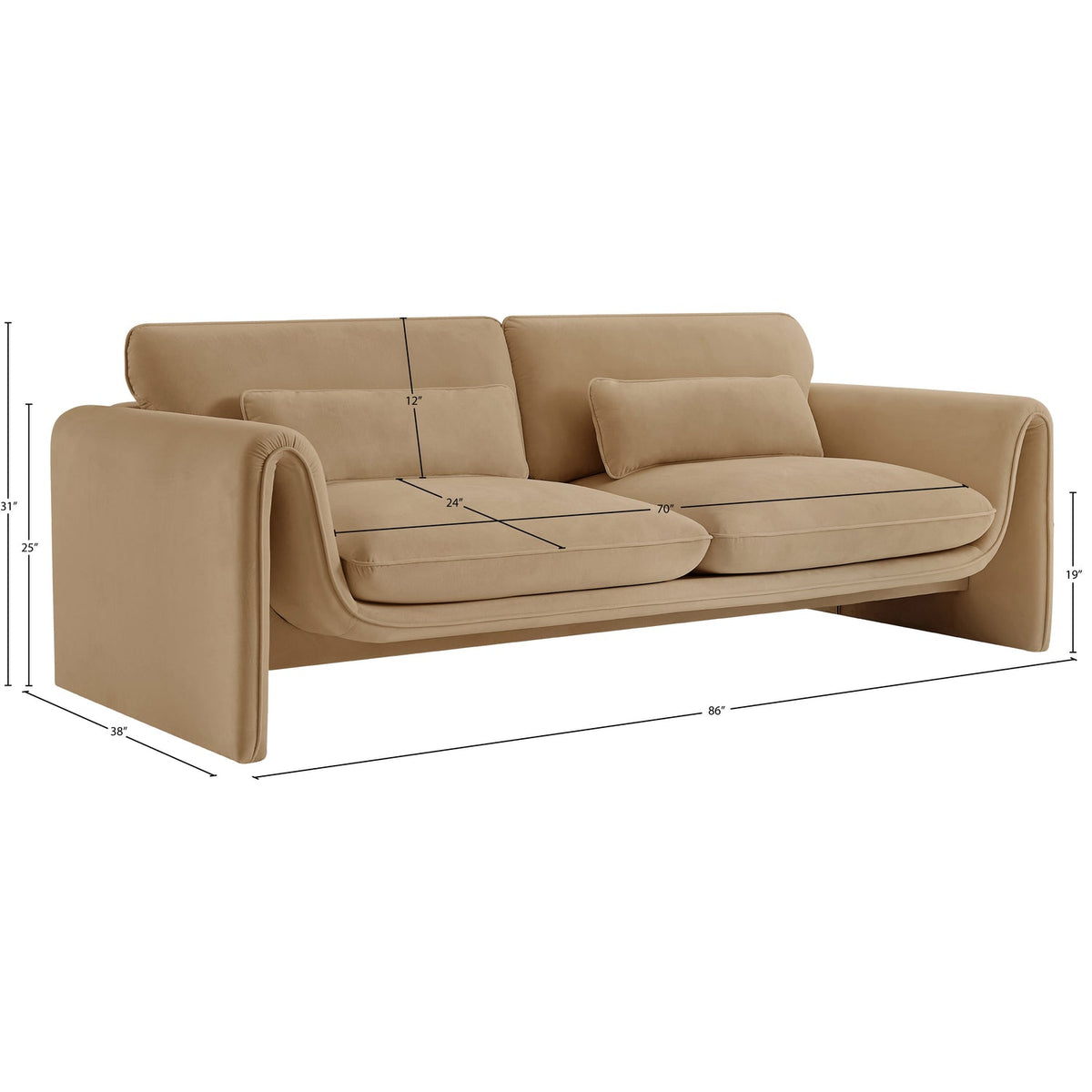 Sloan 8 6in Camel Velvet Upholstered Sofa