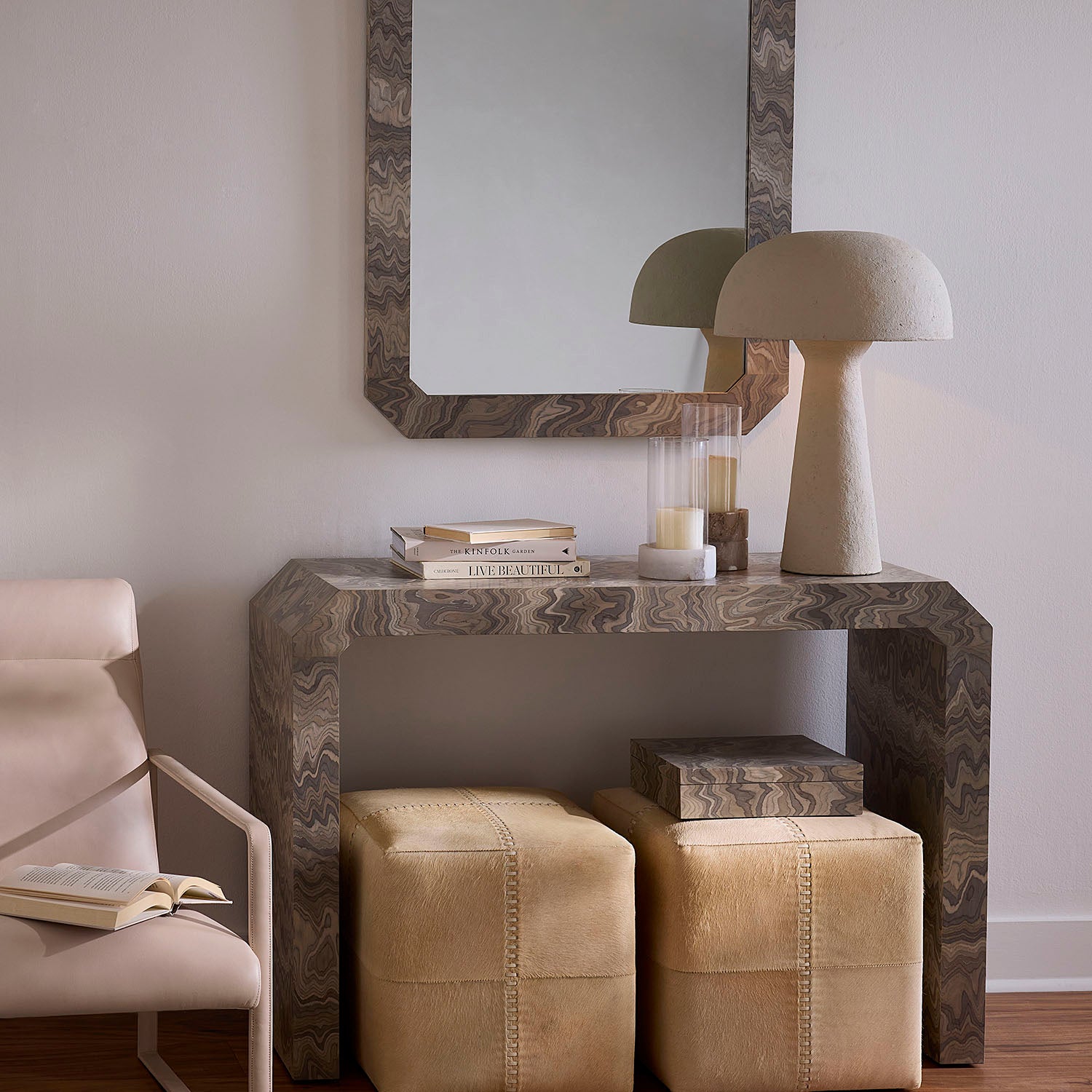 Jamie Young Small Cream Hide Ottoman