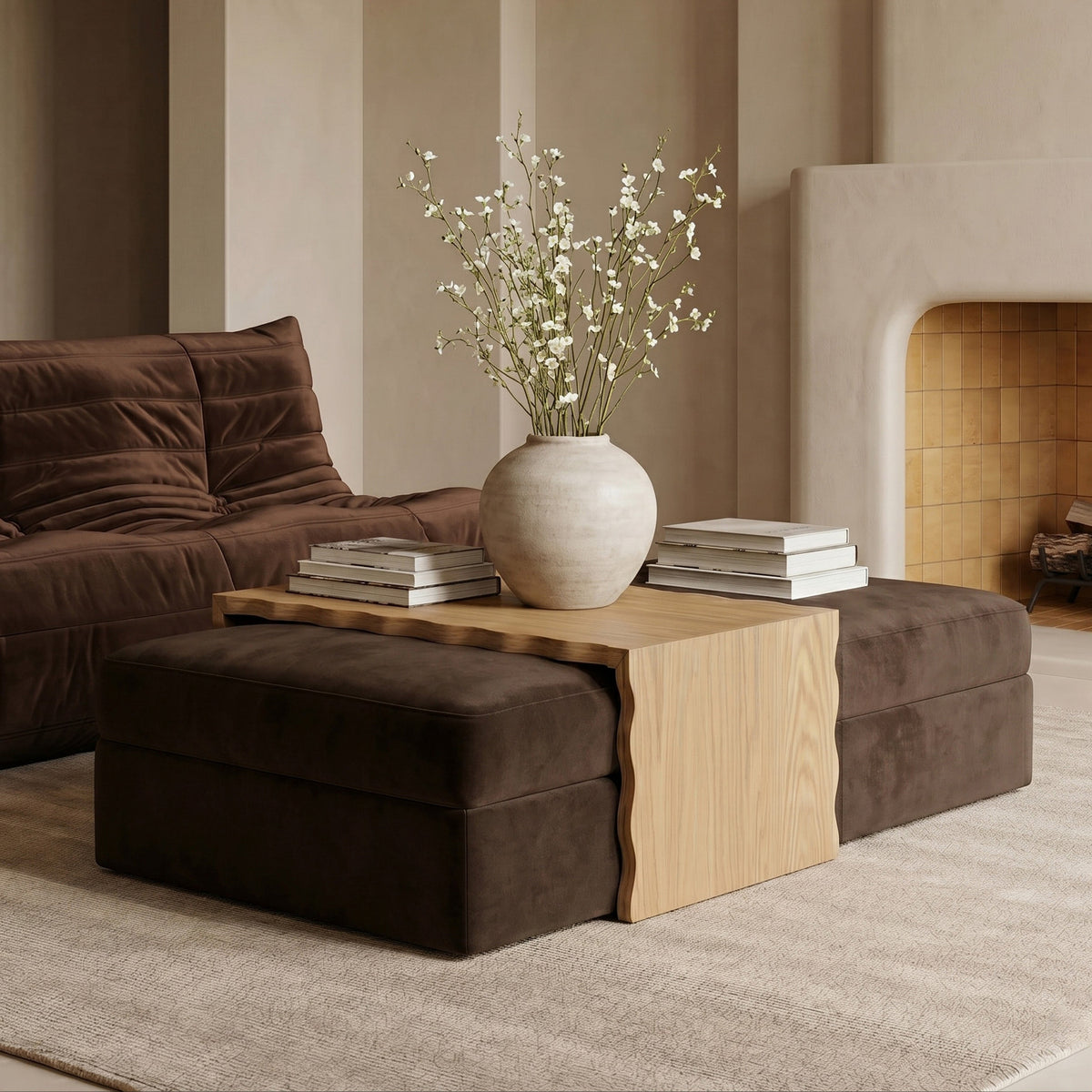 Woodra Brown Velvet Upholstered Coffee Table/Ottoman