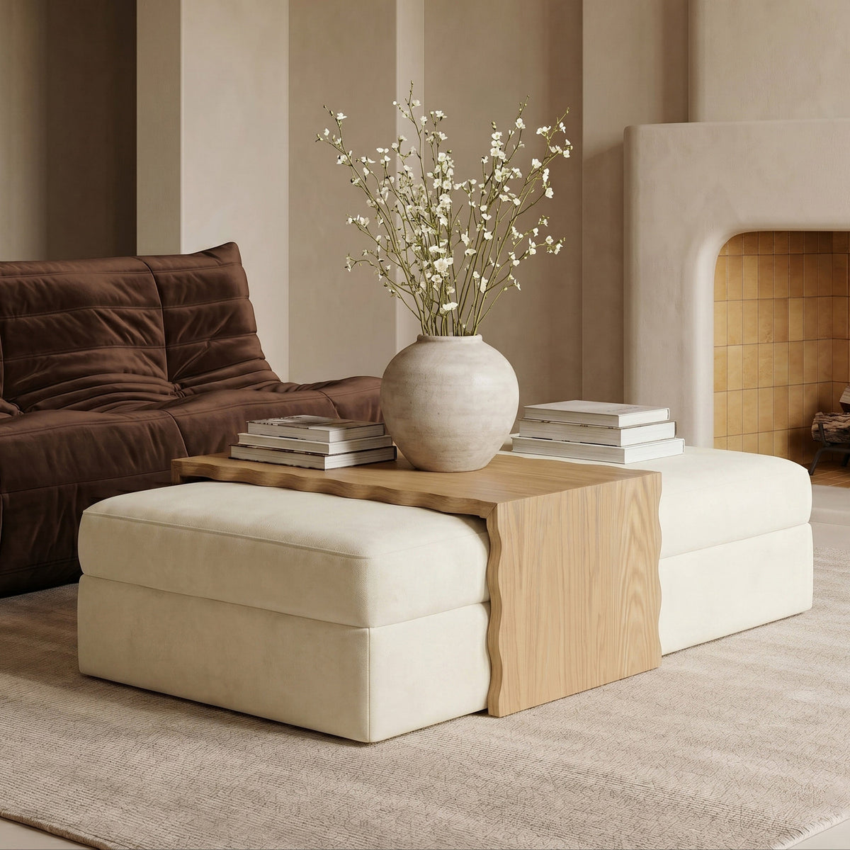 Woodra Cream Velvet Upholstered Coffee Table/Ottoman