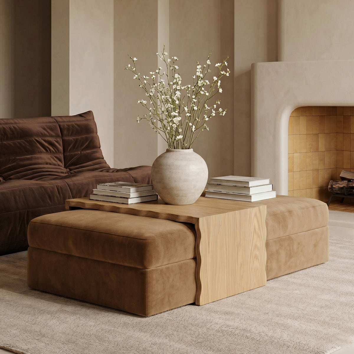 Woodra Saddle Velvet Upholstered Coffee Table/Ottoman