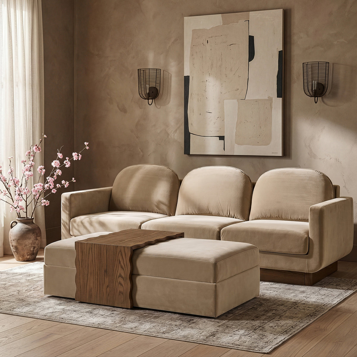 Woodra Beige Velvet Upholstered Coffee Table/Ottoman