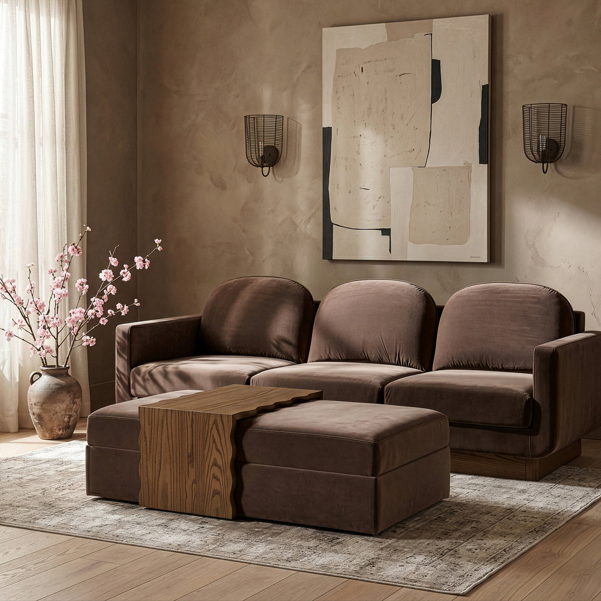 Woodra Brown Velvet Upholstered Coffee Table/Ottoman
