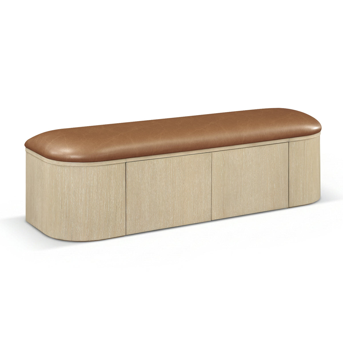 Velden Cognac Vegan Leather Upholstered Storage Bench in cognac vegan leather, natural cerused base, primary product view