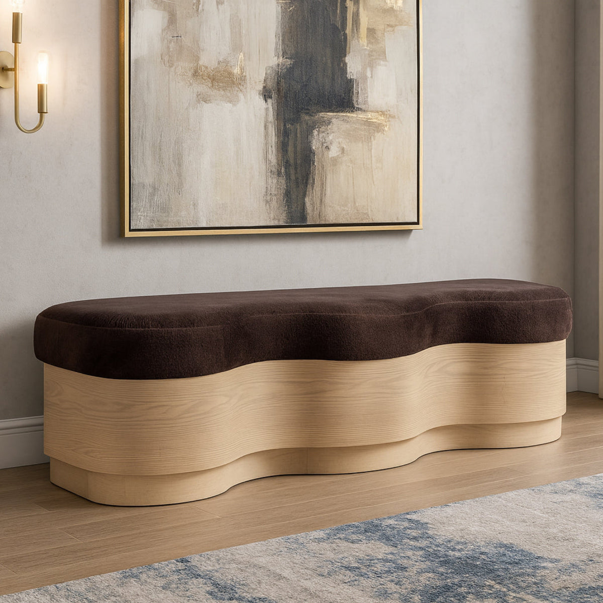 Savoy Brown Velour Fur Fabric Upholstered Bench