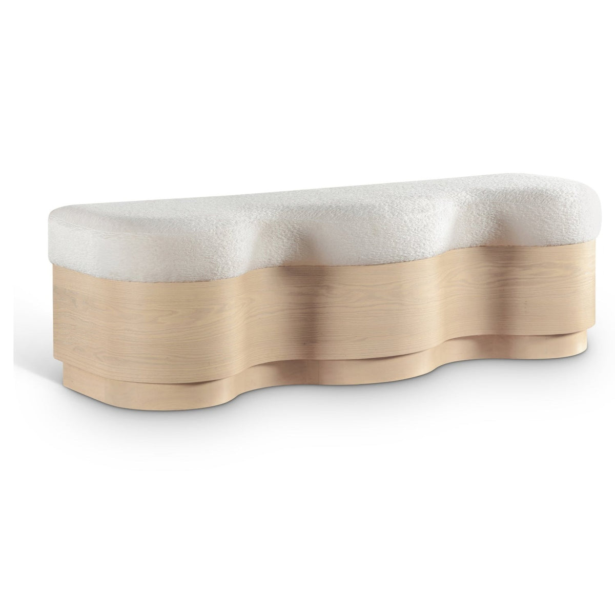 Savoy Cream Velour Fur Fabric Upholstered Bench in cream velour, natural finish base, primary view