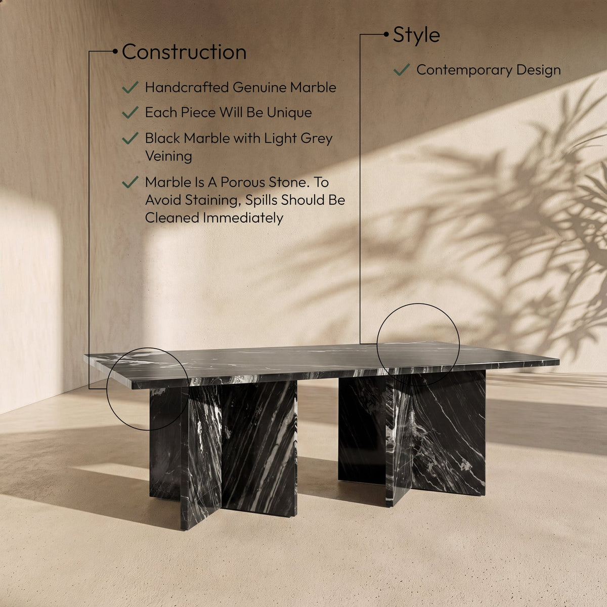 Verona Black Genuine Marble Coffee Table