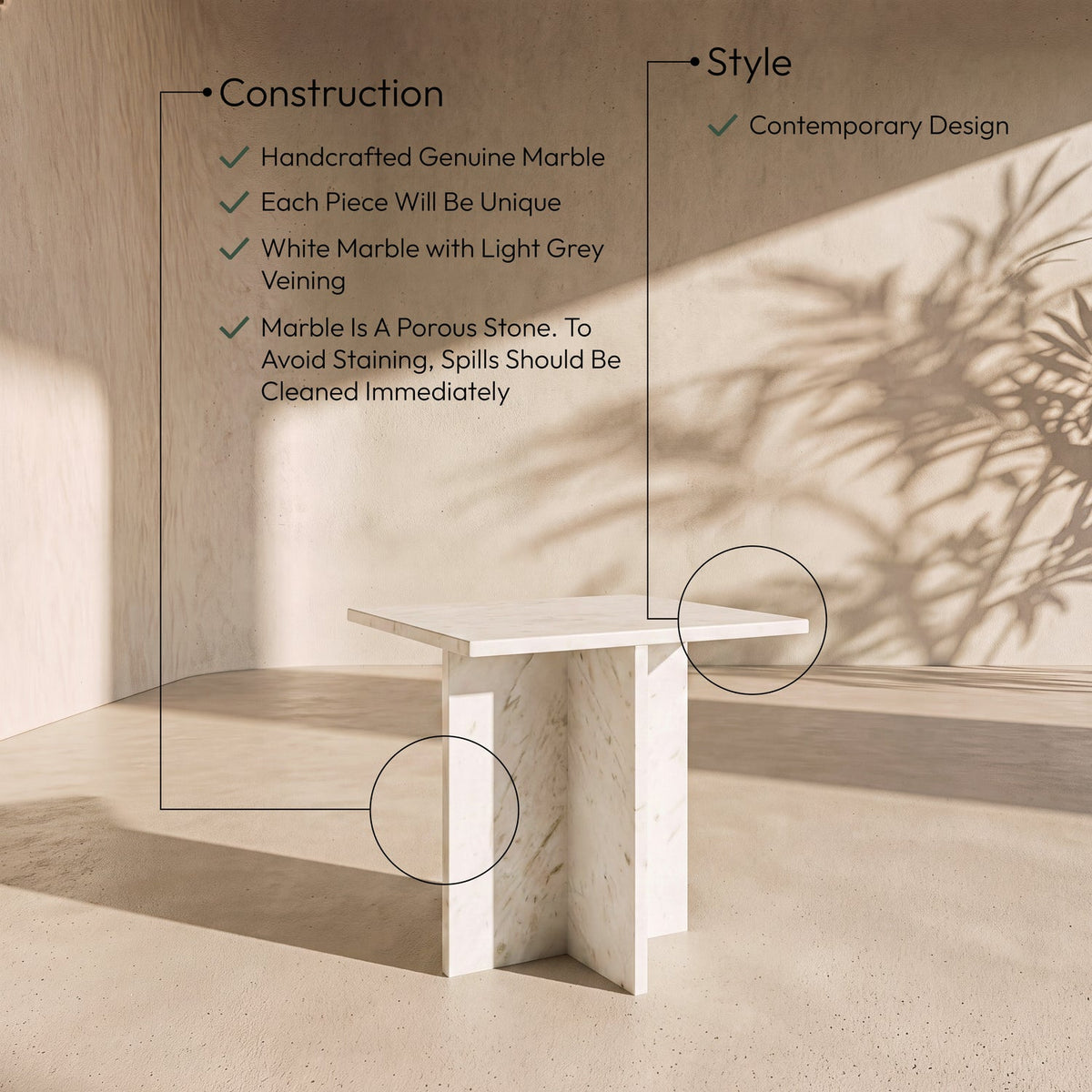Verona White Genuine Marble End Table Set of 2