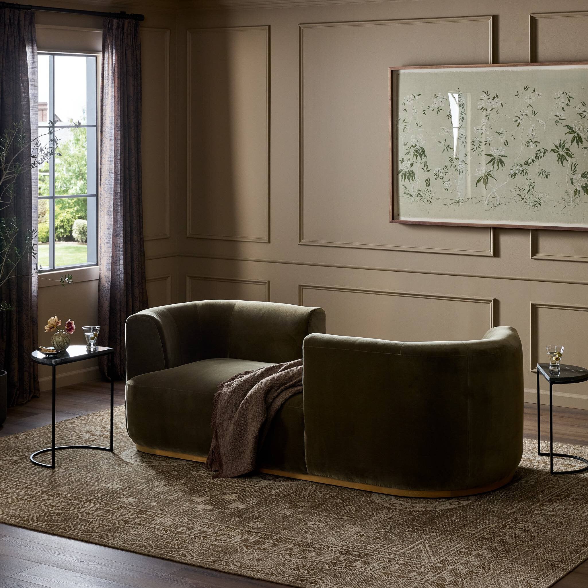Four Hands Deandra Surrey Olive Tete A Tete Chaise styled room setting