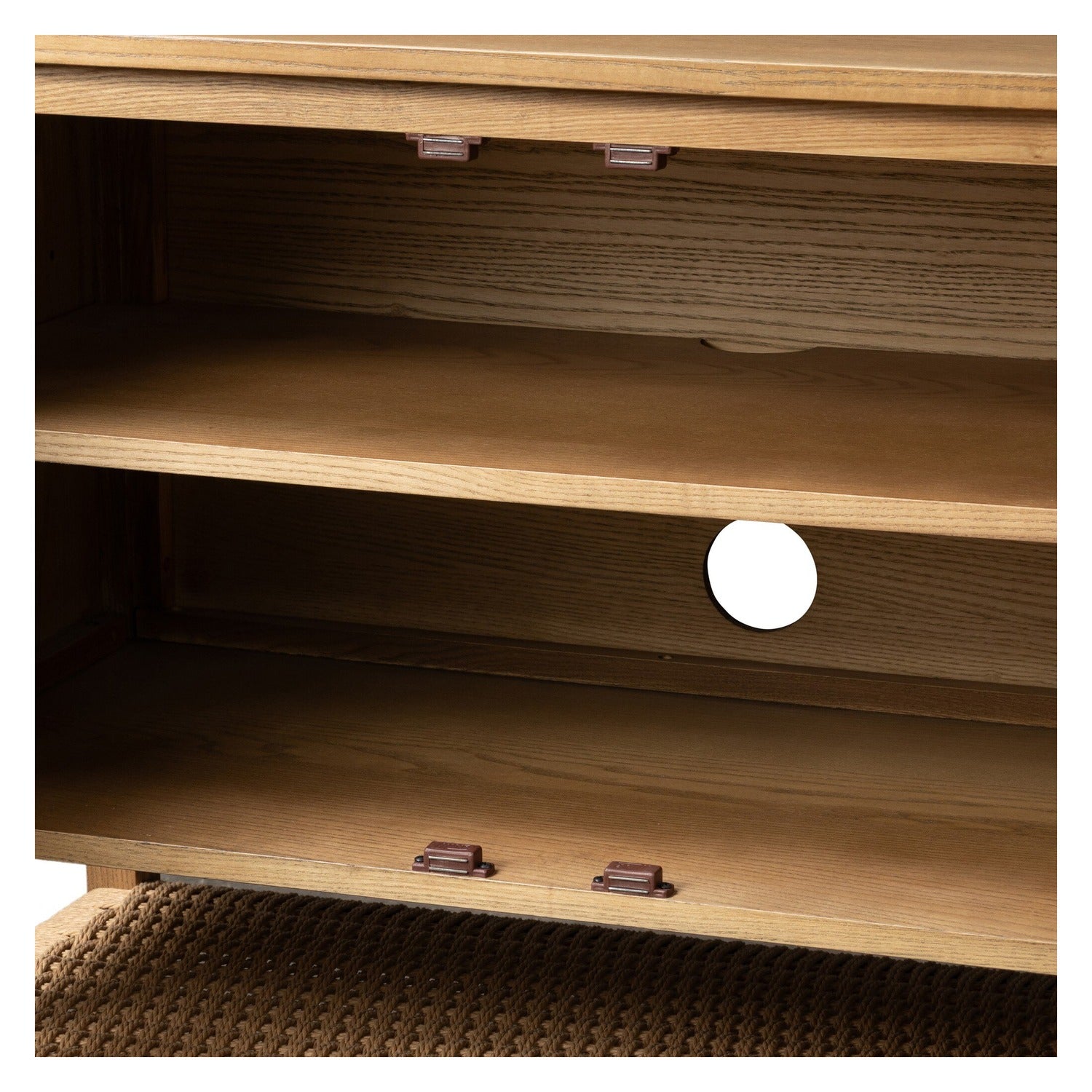 Four Hands Zuma Dune Ash Sideboard 72in with paper cord stretcher shelf, close-up detail of gunmetal hardware
