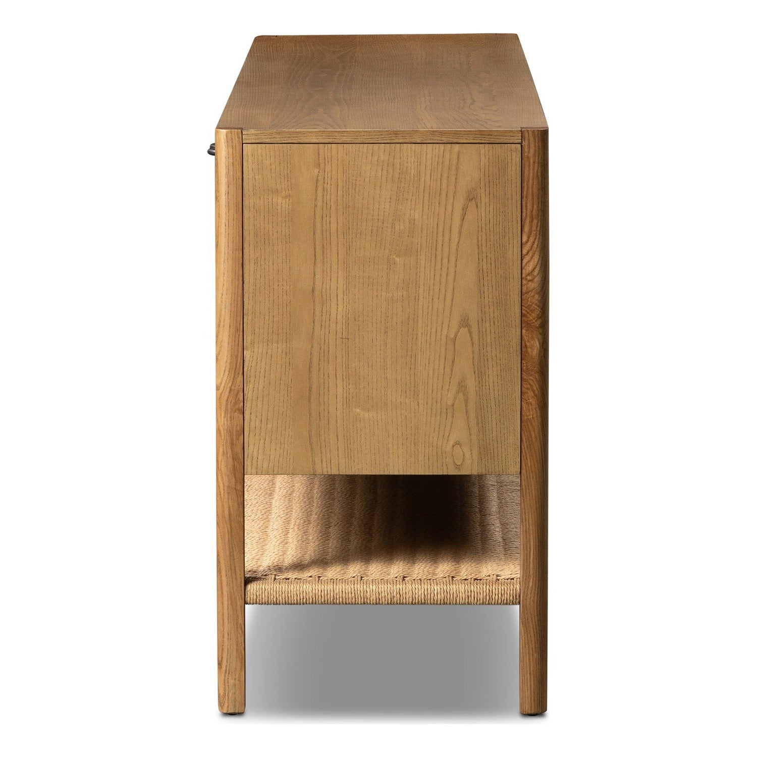 Four Hands Zuma Dune Ash Sideboard 72in with paper cord stretcher shelf, side profile view