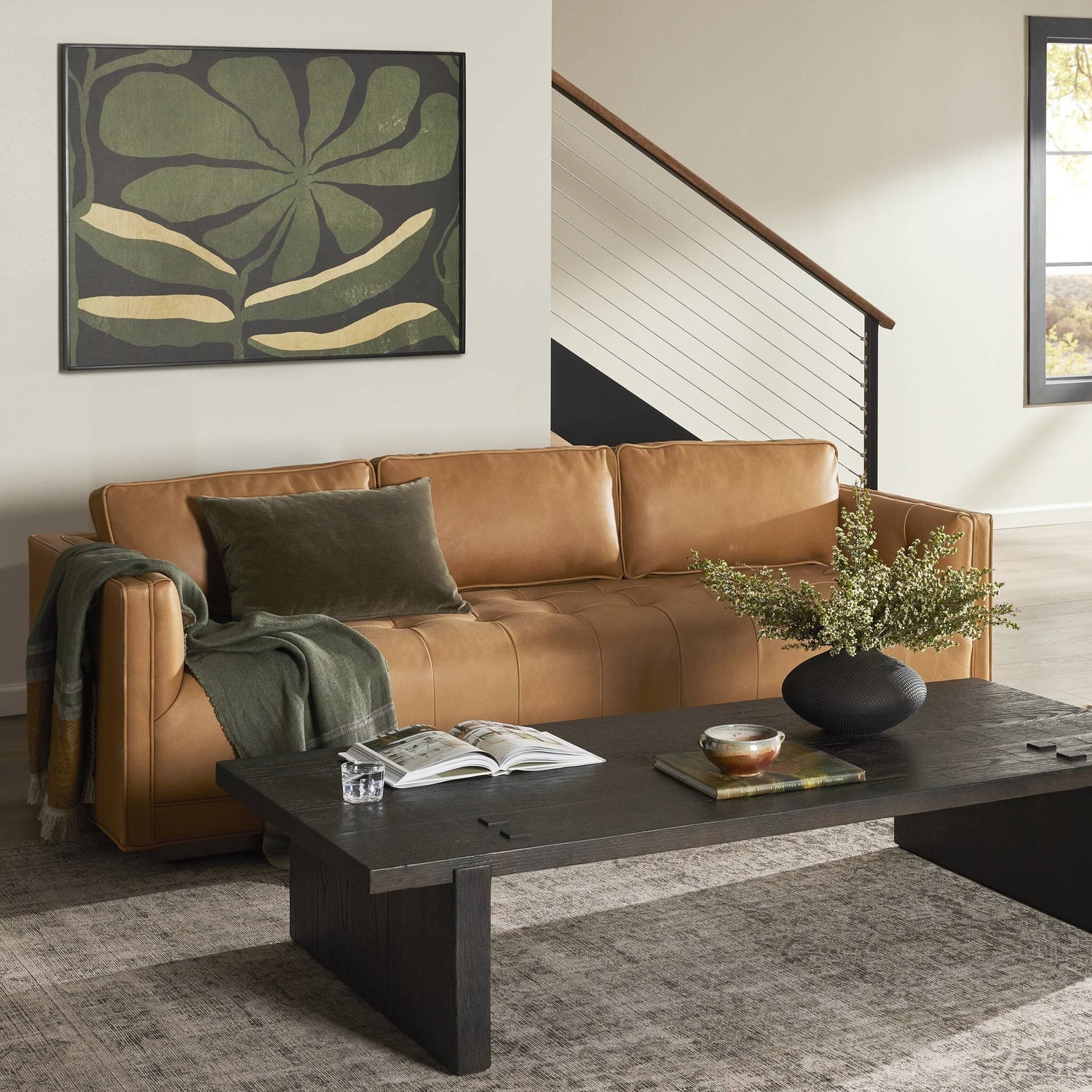 Four Hands Kiera Palermo Cognac Sofa styled in a room setting