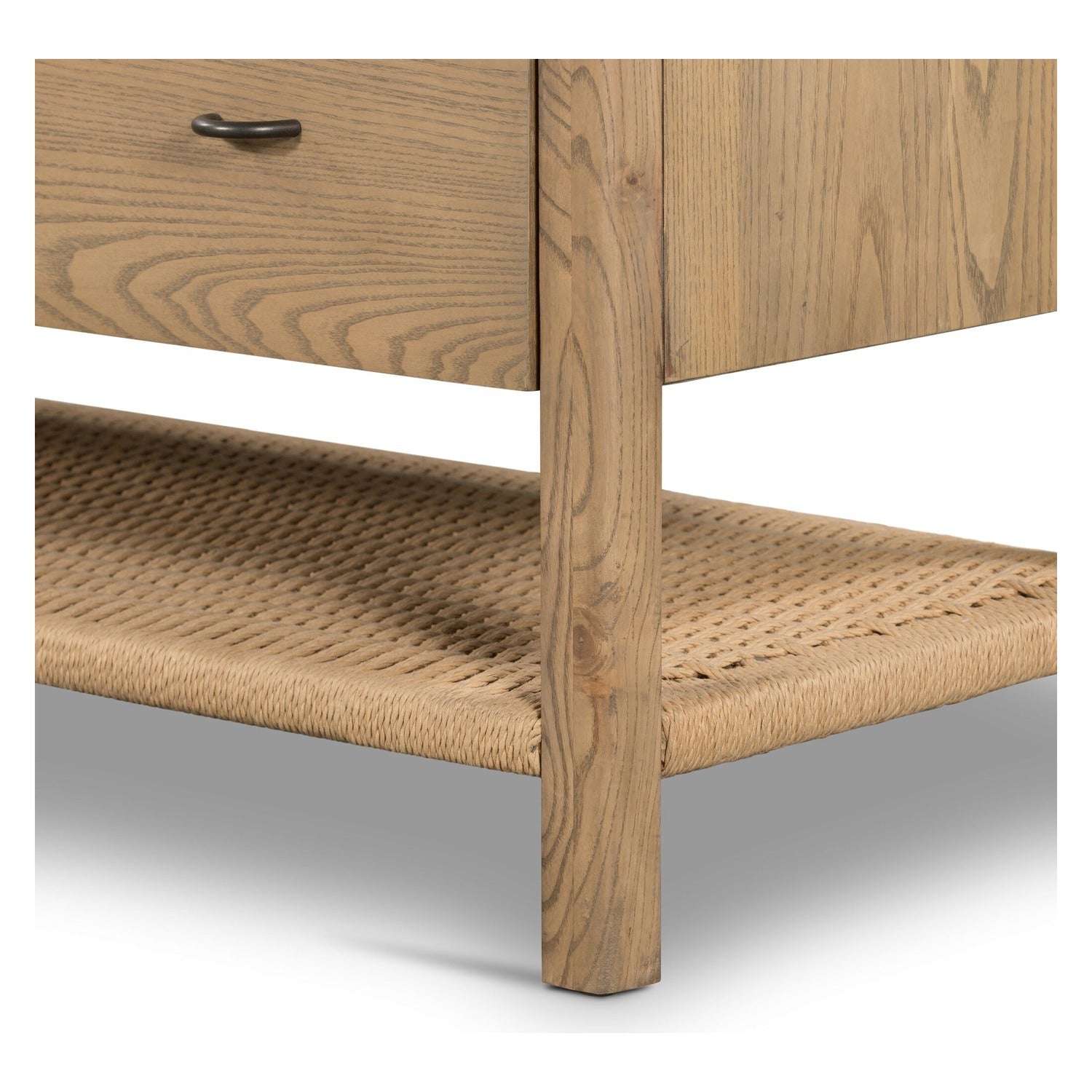 Four Hands Zuma Dune Ash 6 Drawer Dresser with paper cord stretcher shelf, close-up detail of ash veneer, view 3