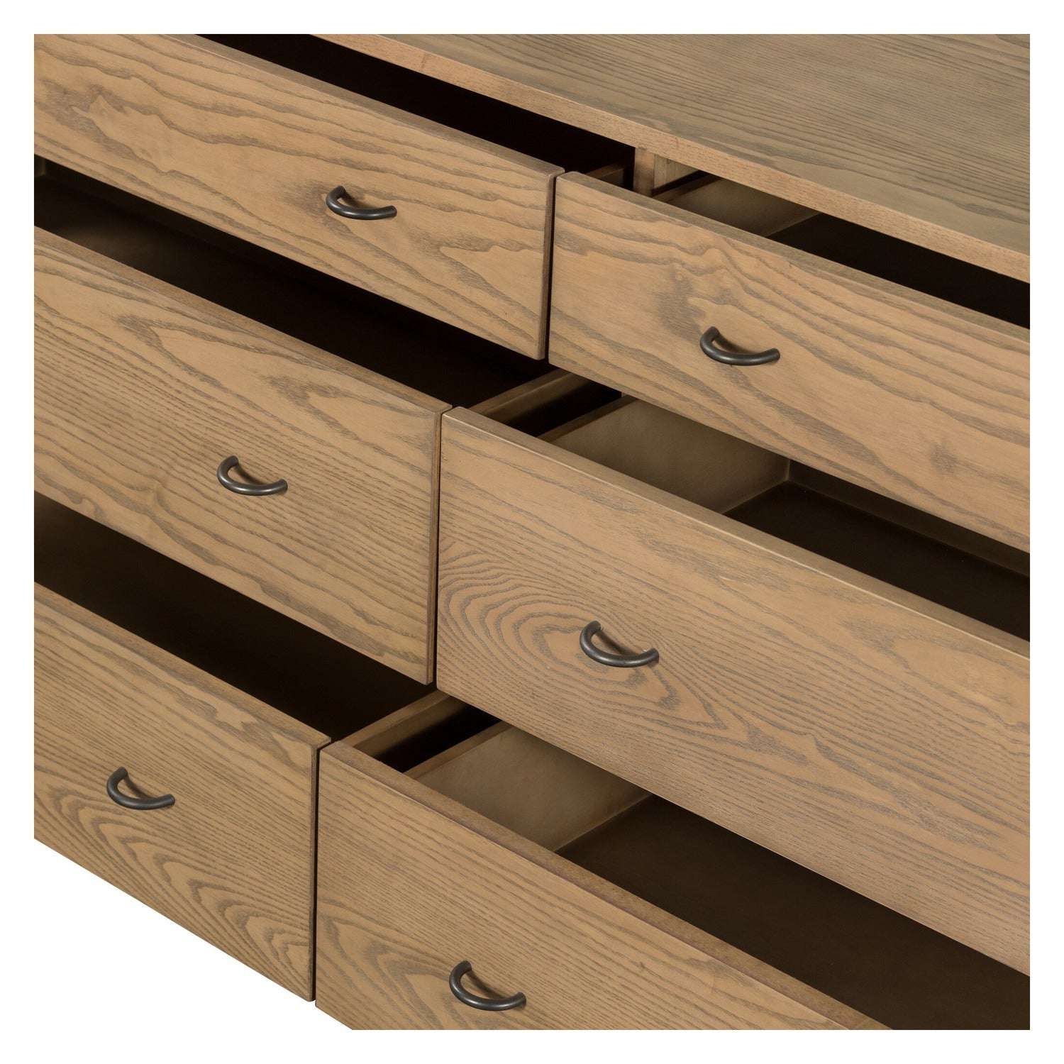 Four Hands Zuma Dune Ash 6 Drawer Dresser with paper cord stretcher shelf, close-up detail of gunmetal hardware