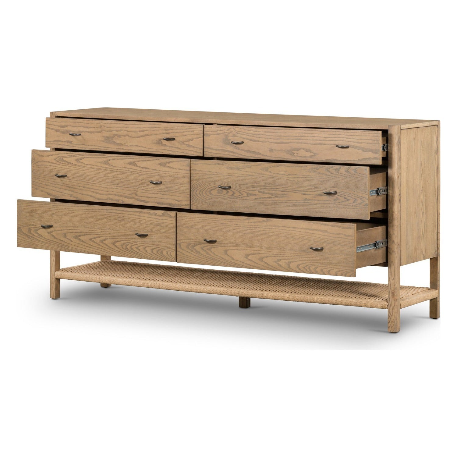 Four Hands Zuma Dune Ash 6 Drawer Dresser with paper cord stretcher shelf, drawers open view