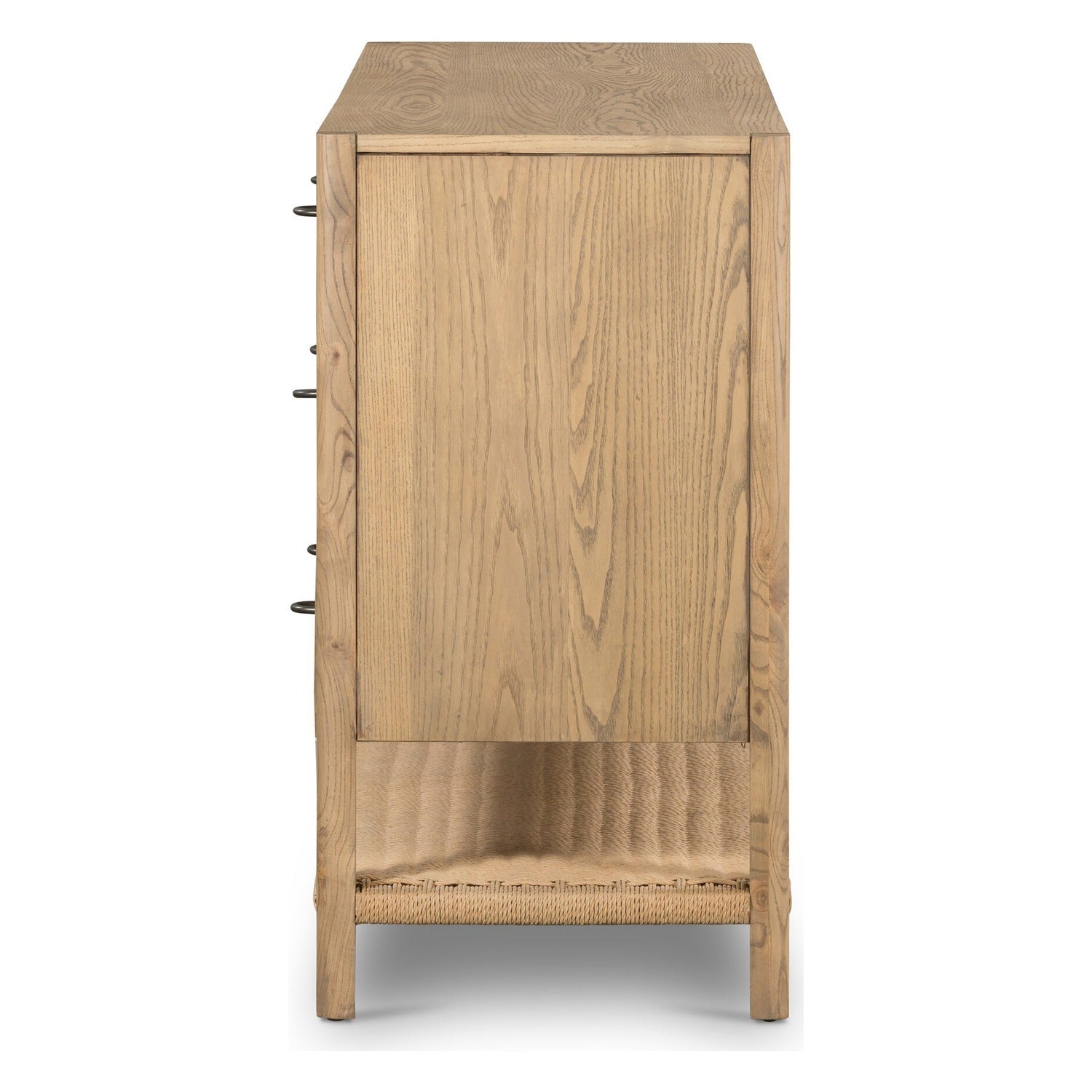 Four Hands Zuma Dune Ash 6 Drawer Dresser with paper cord stretcher shelf, side profile view