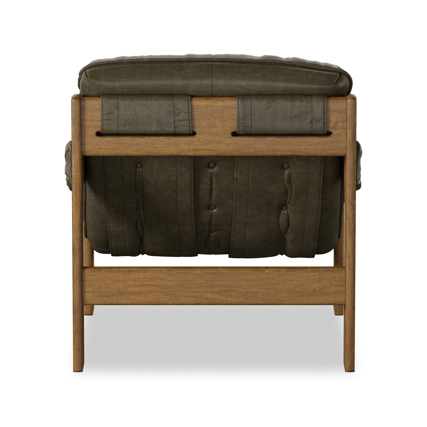 Four Hands Halston Dulane Moss Chair in tufted leather sling on weathered sepia frame, back view