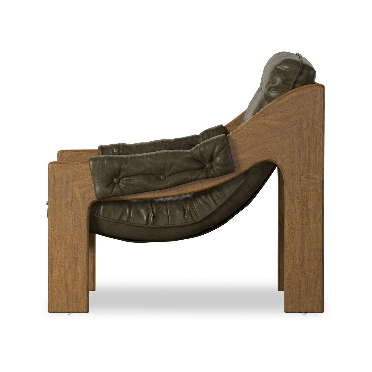Four Hands Halston Dulane Moss Chair in tufted leather sling on weathered sepia frame, side profile view