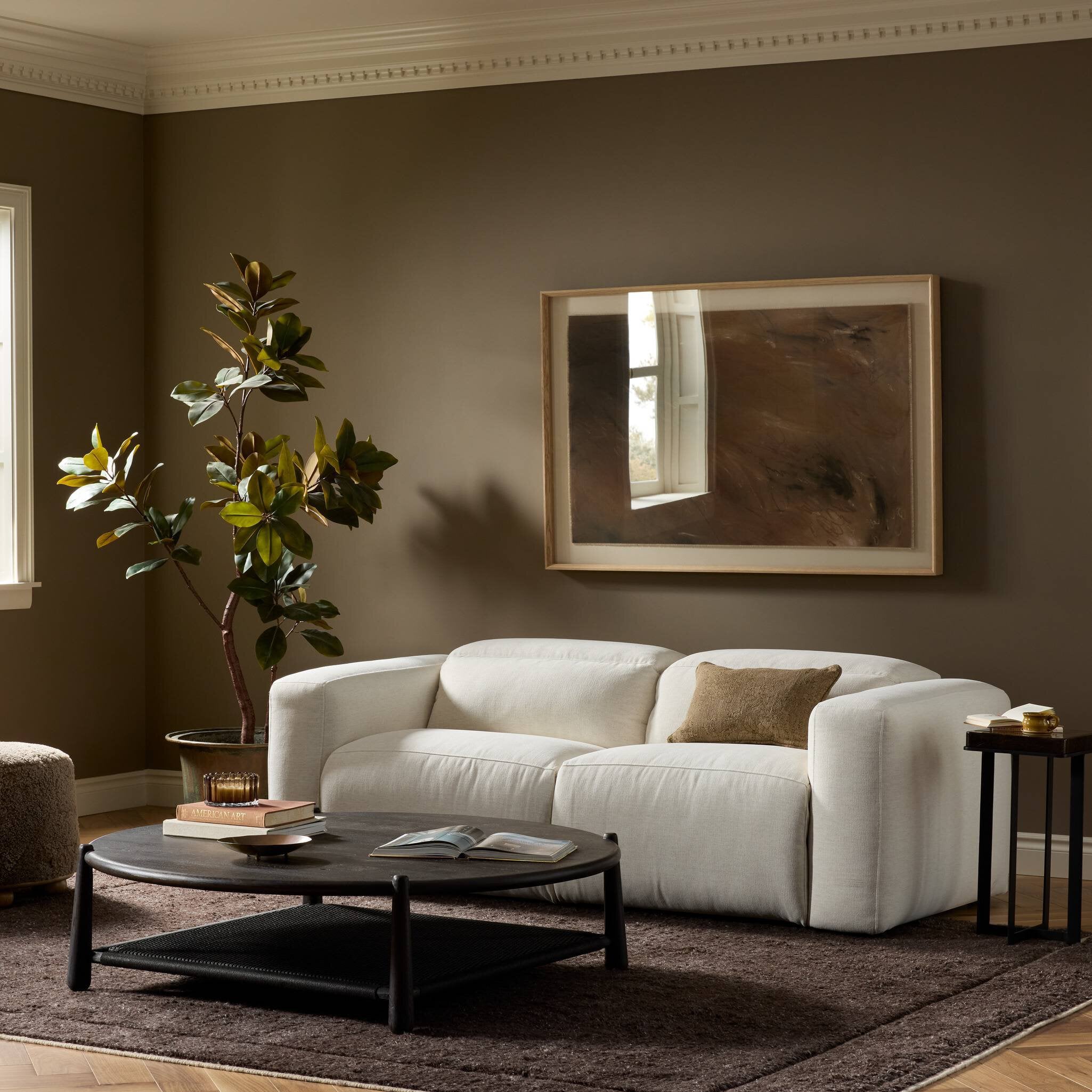 Four Hands Radley Crypton Nomad Snow Power Recliner 2 Piece Sectional Sofa styled in a room setting, hardware and joinery