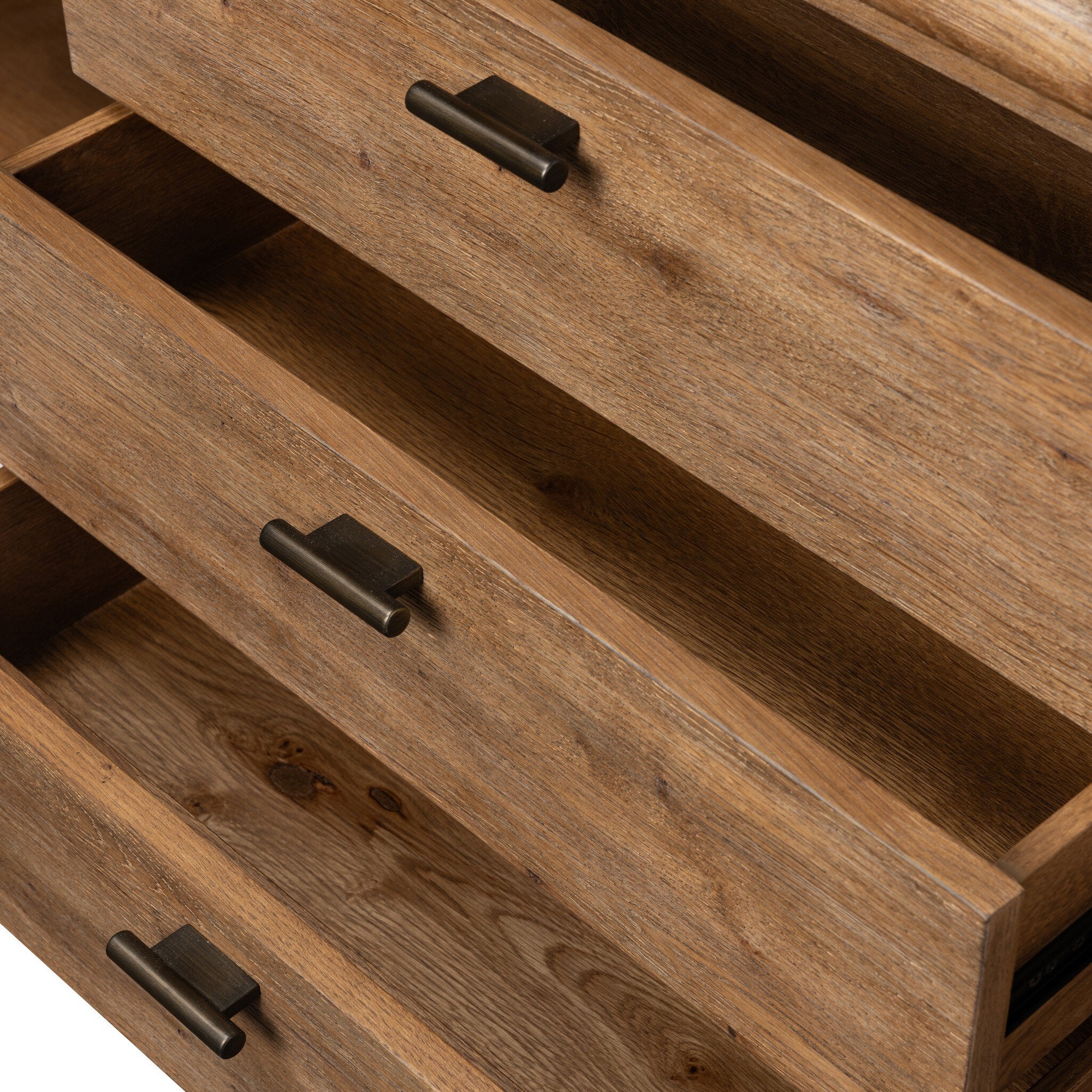 Four Hands Glenview Weathered Oak Media Console — hardware and joinery