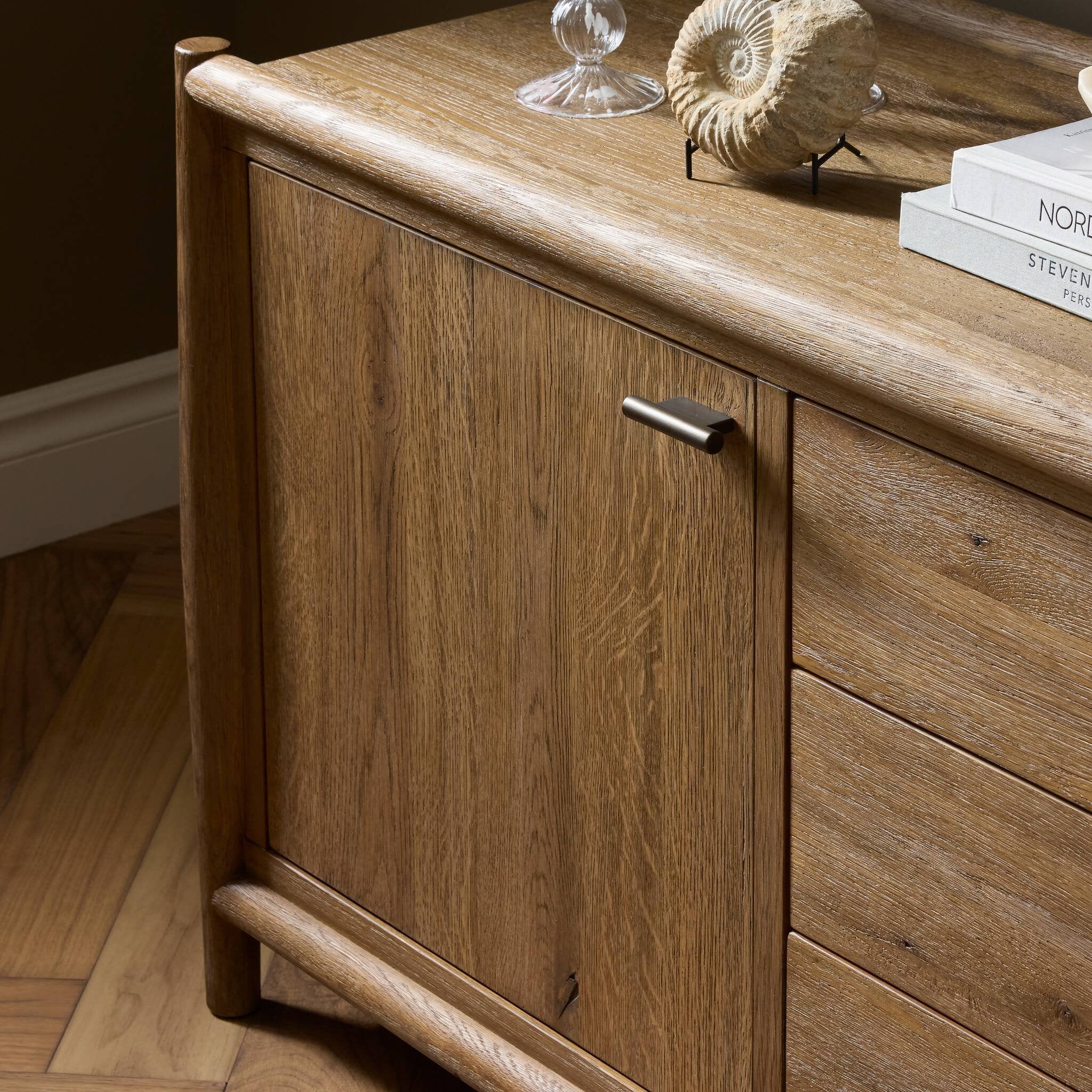 Four Hands Glenview Weathered Oak Media Console — surface texture