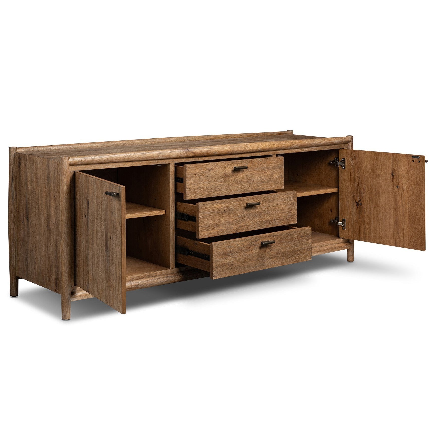 Four Hands Glenview Weathered Oak Media Console shown open
