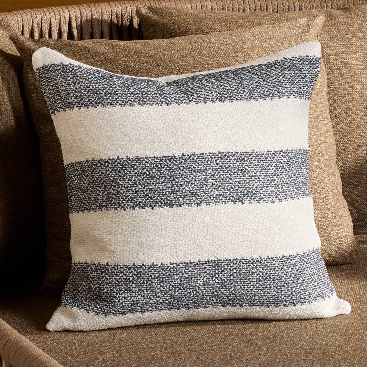 Four Hands Tarbett Stripe Tarbett Navy Outdoor Throw Pillow - styled room setting