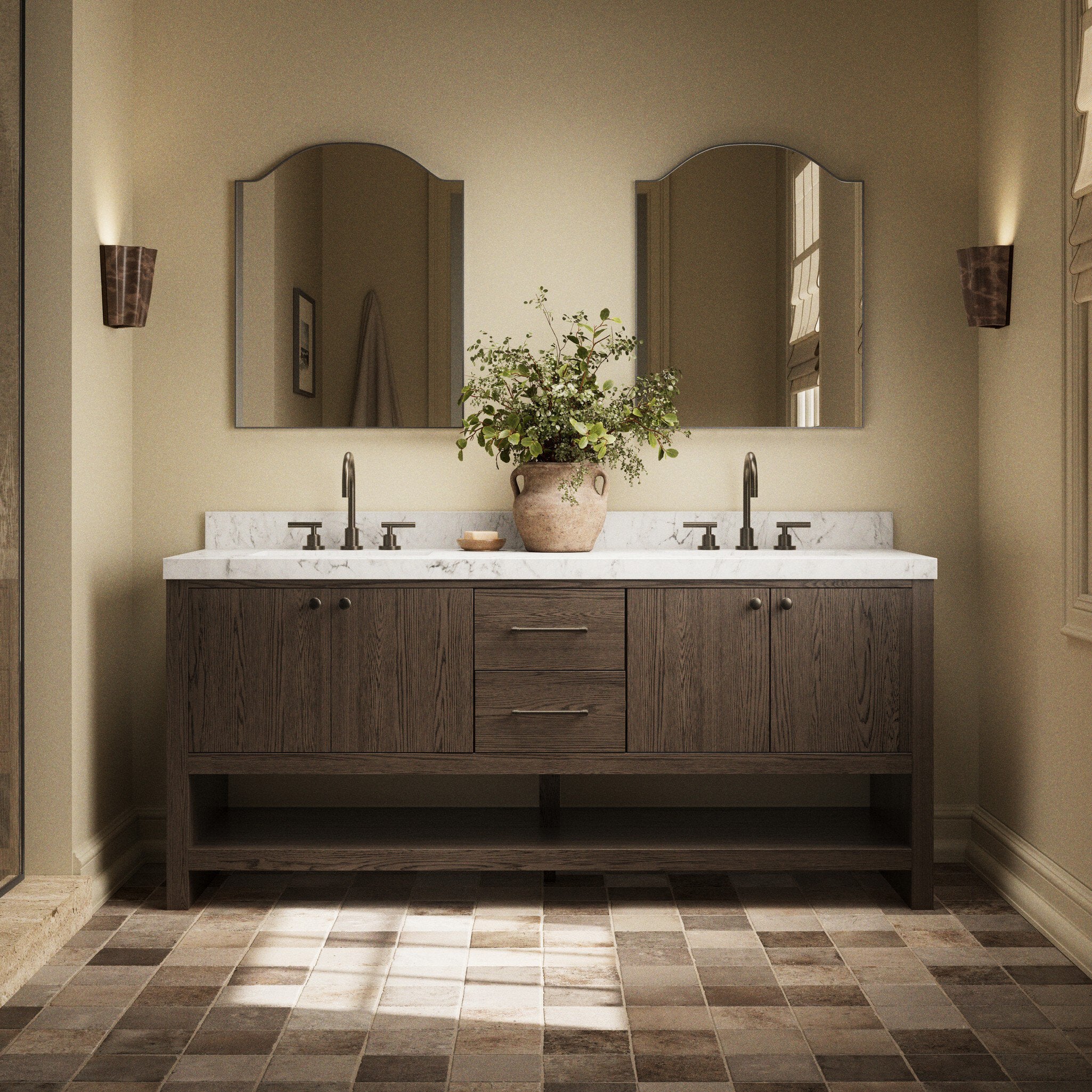 Four Hands Anthem Satin Espresso Oak Double Vanity in a styled room setting