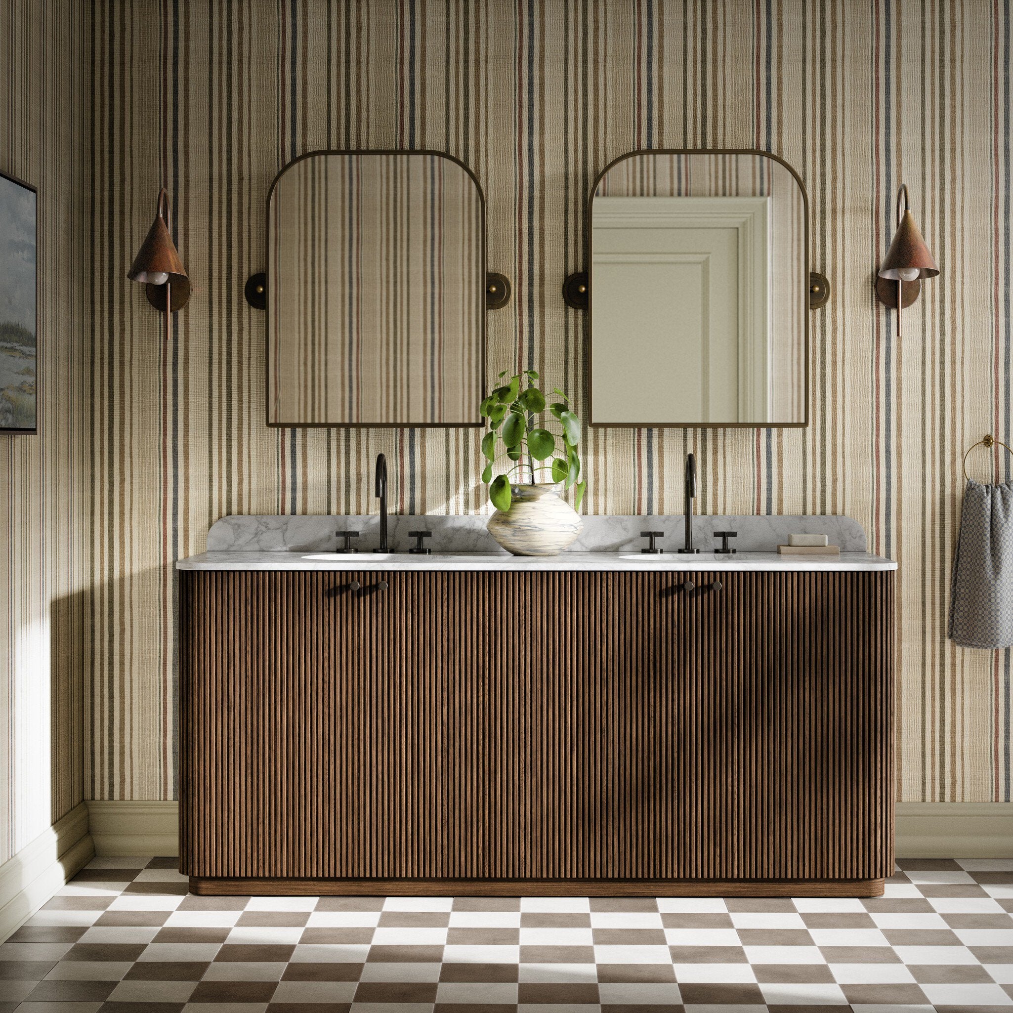 Four Hands Malden Satin Espresso Oak Double Vanity in a styled room setting