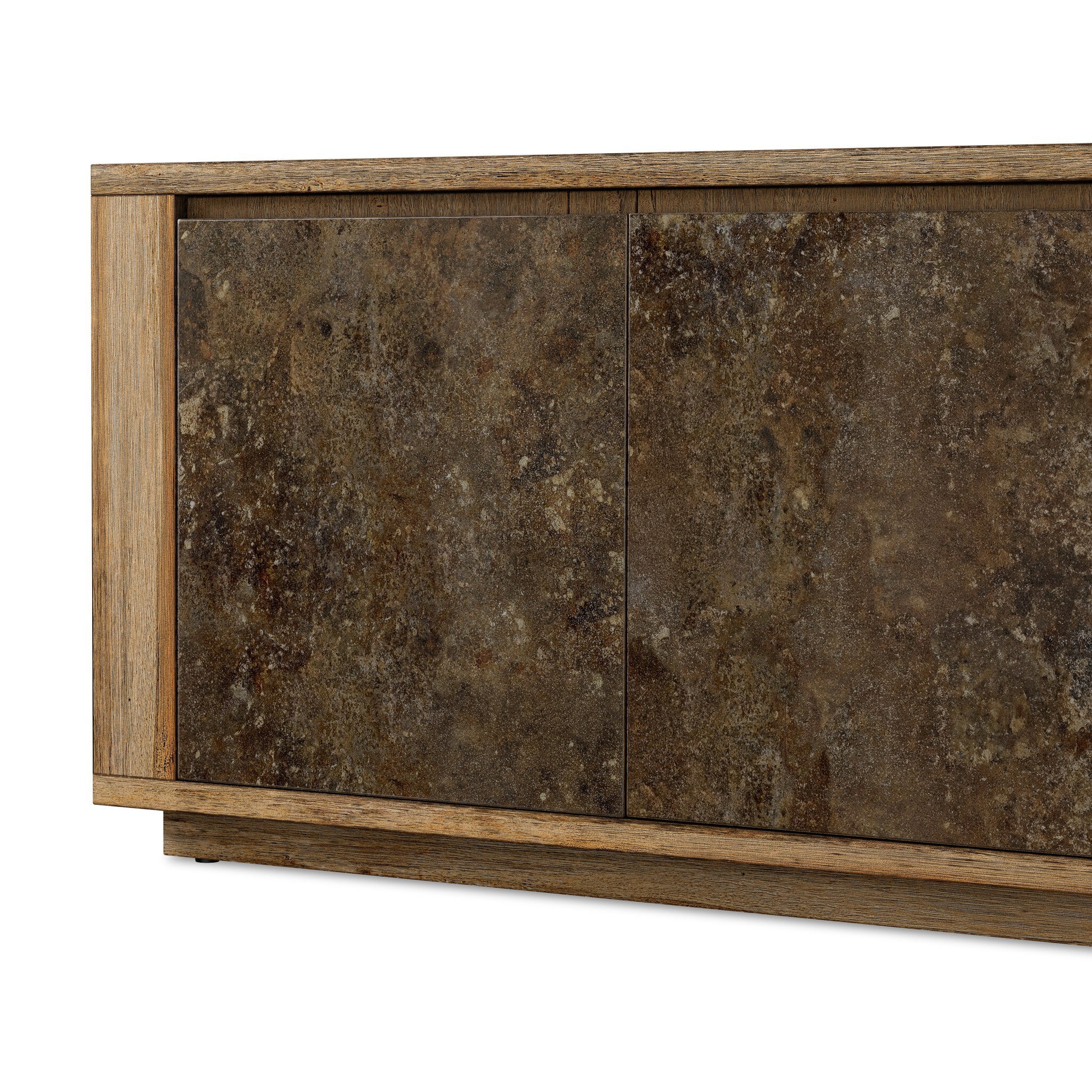 Four Hands Redondo Burnt Bleached Oak Resawn Media Console close-up detail