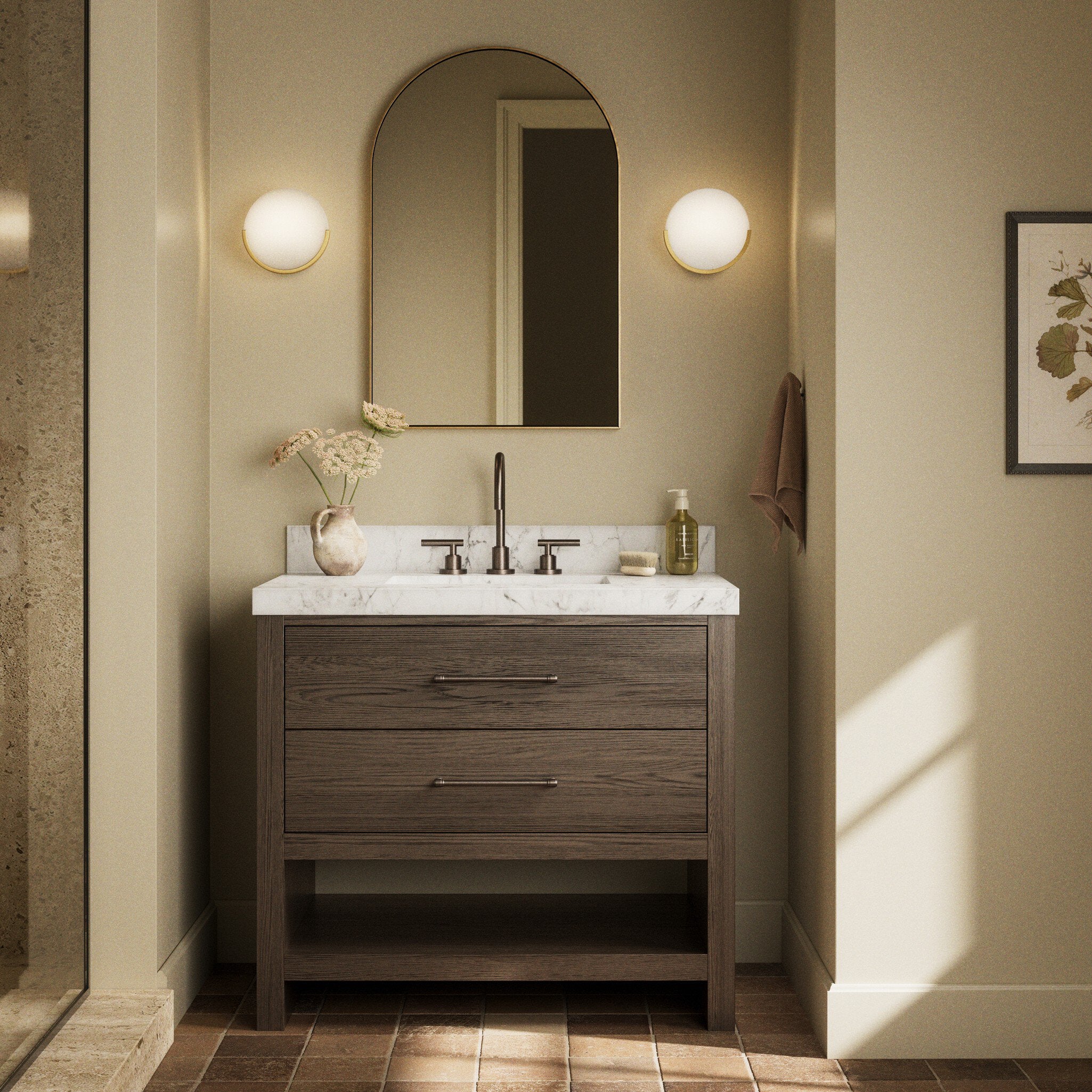 Four Hands Anthem Satin Espresso Oak Single Vanity in a styled room setting