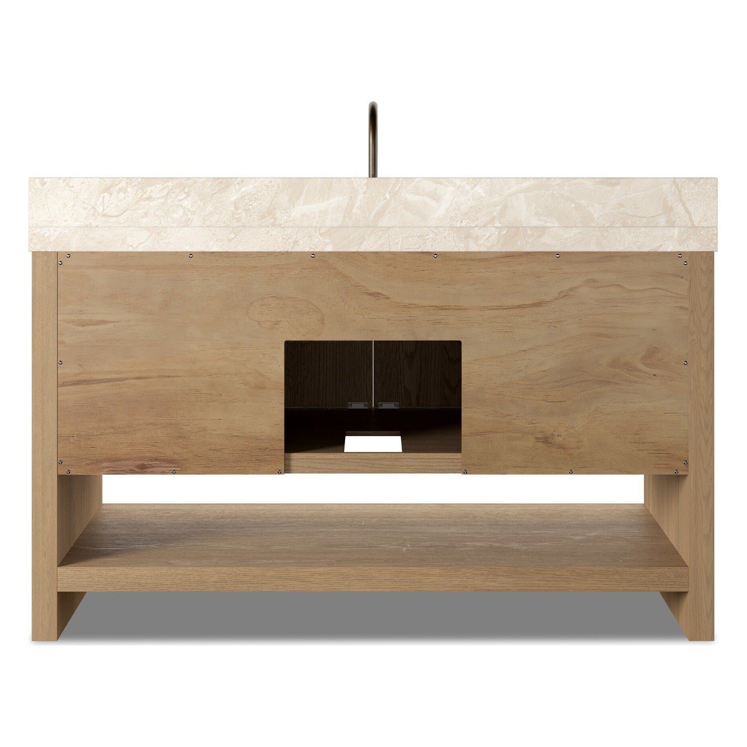 Four Hands Anthem Single Wide Vanity in satin light wash oak with Carrara marble top, back panel with plumbing cutouts