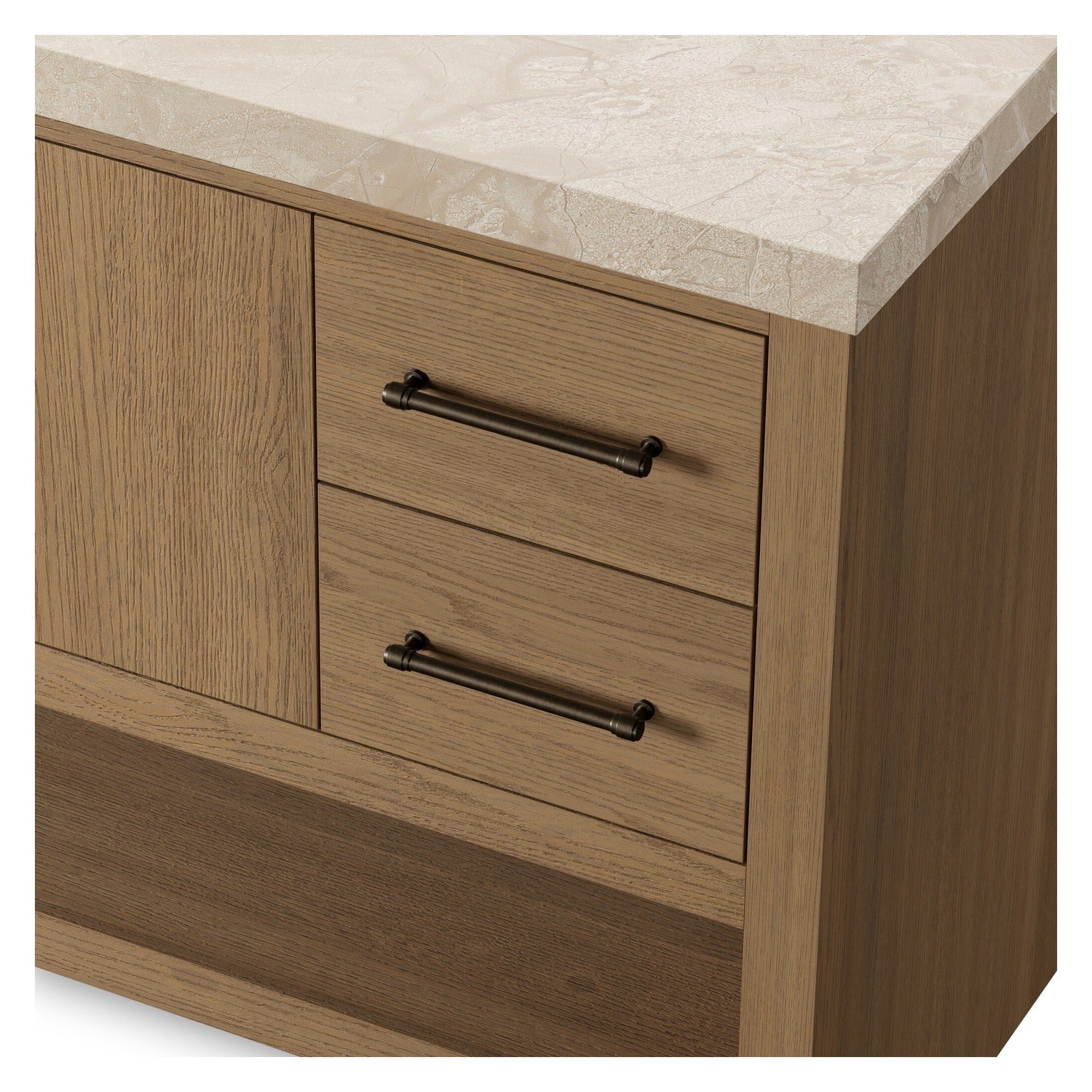 Four Hands Anthem Single Wide Vanity in satin light wash oak with Carrara marble top, close-up detail of brass hardware and oak veneer, view 4