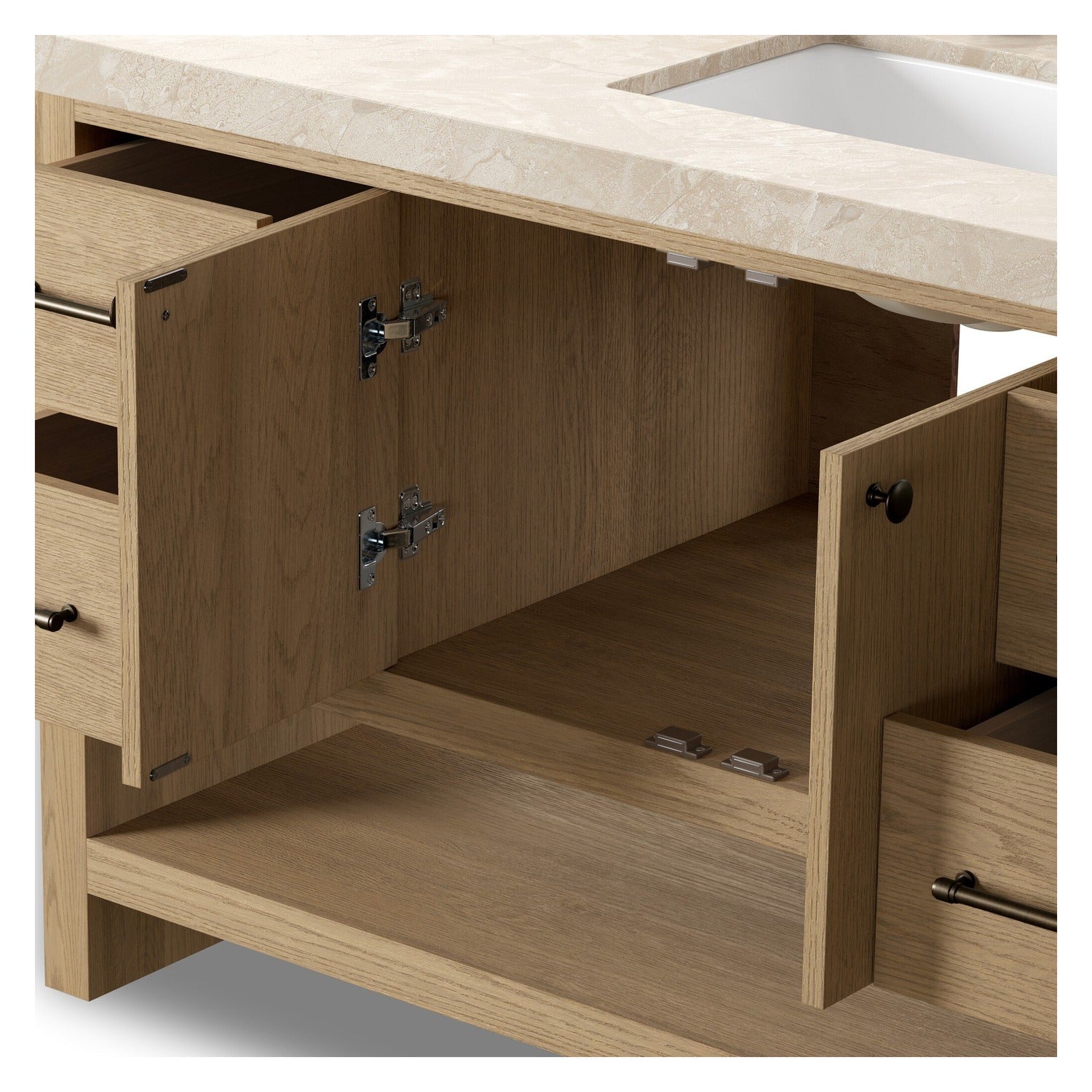 Four Hands Anthem Single Wide Vanity in satin light wash oak with Carrara marble top, close-up detail of brass hardware and oak veneer, view 3